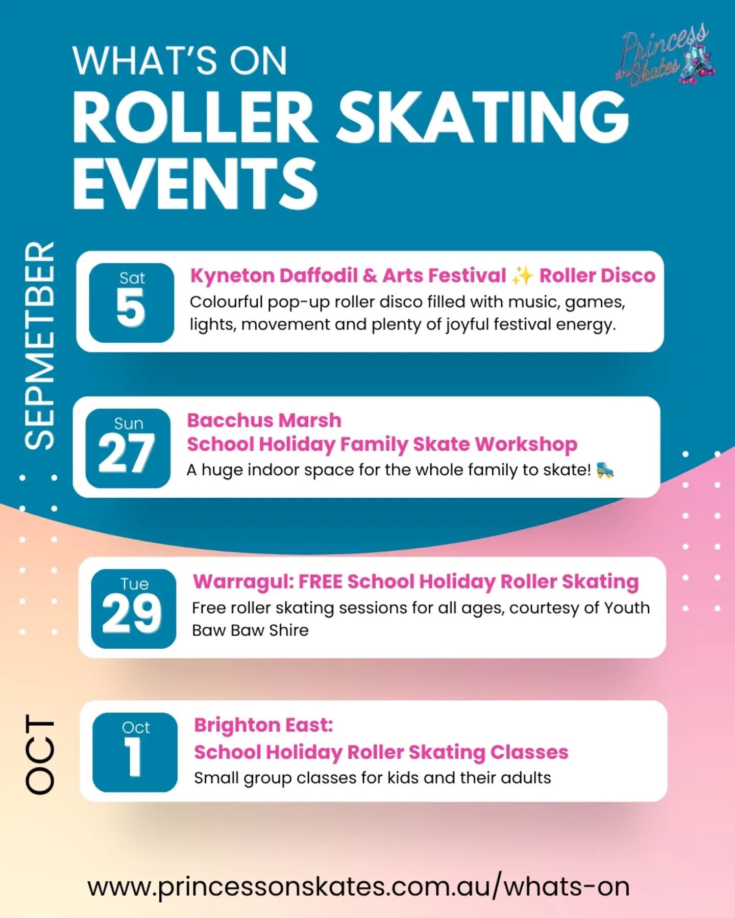 What's on in September 📅

Saturday 5 September
🛼 Kyneton Daffodil &amp; Arts Festival - Roller Disco!!
5pm - for younger families is almost booked out!! 🟠
7pm - for older kids and adults

Sunday 27 September
🛼 Bacchus Marsh &ndash; School Holiday