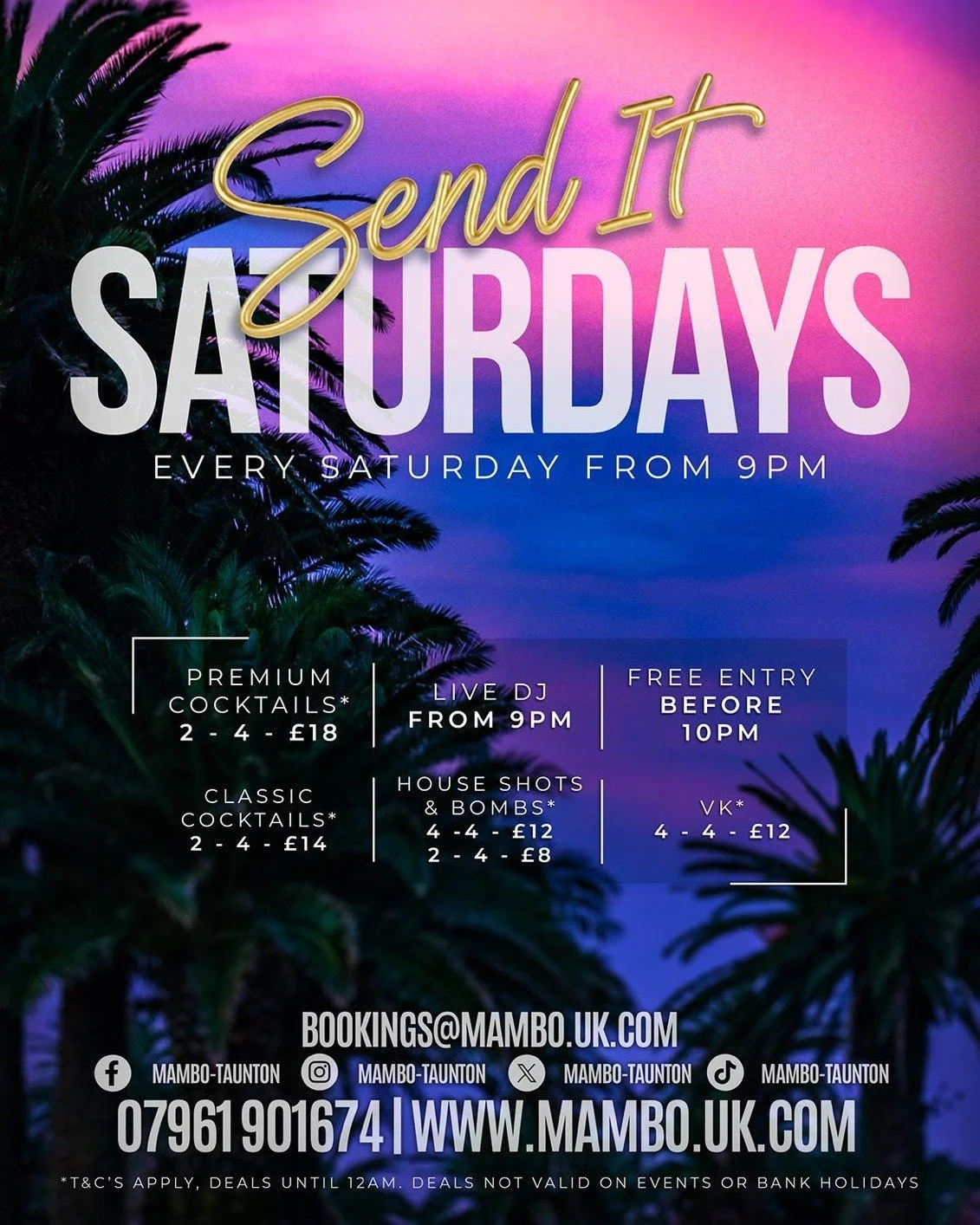 Send It Saturday 💨💨

The week&rsquo;s been long but consider this the cure.
🎧 DJ live from 9pm
🍸 Deals on cocktails, shots &amp; bombs + VKs &lsquo;til 12am
👌🏻 Free entry before 10pm

No excuses. Just vibes.
Let&rsquo;s send it 💨