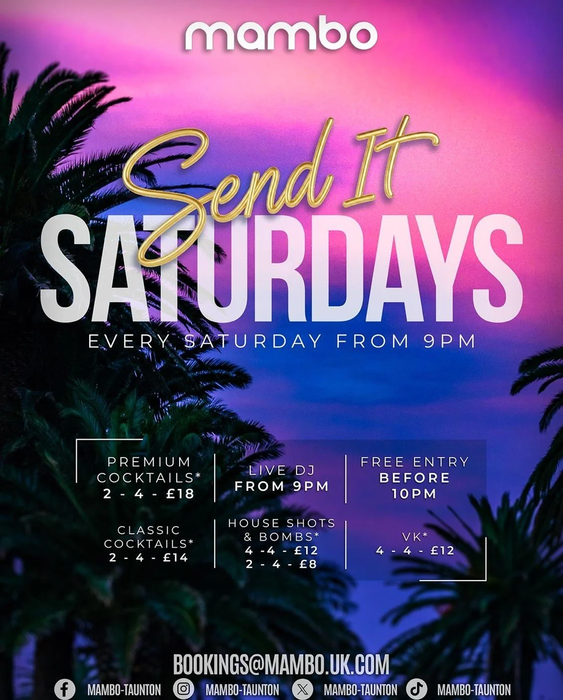 SEND IT SATURDAY 💨👹
Week been long? Cute. Gremlin mode is ON and we&rsquo;re ending it properly.
🎧 DJ live from 9pm
🍹 Deals on cocktails
🥃 Shots
💣 Bombs
🍾 VKs all night
🚪 FREE entry before 10pm (pull up early or pay the tax 😈)

Group chat: &
