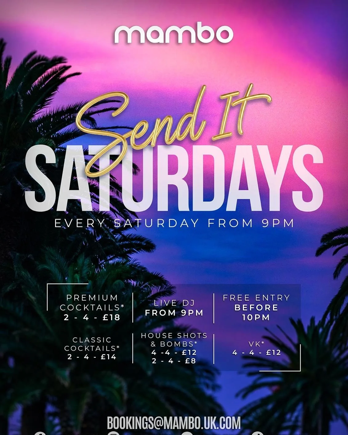 SEND IT SATURDAY 💨💨

We&rsquo;ve got the line‑up to finish your week the right way&hellip; and then some 🔥

🎧 DJ live from 9PM &ndash; non‑stop vibes
🍹 Deals on cocktails, shots &amp; bombs all night
🍾 VKs flowing &ndash; no empty hands in here