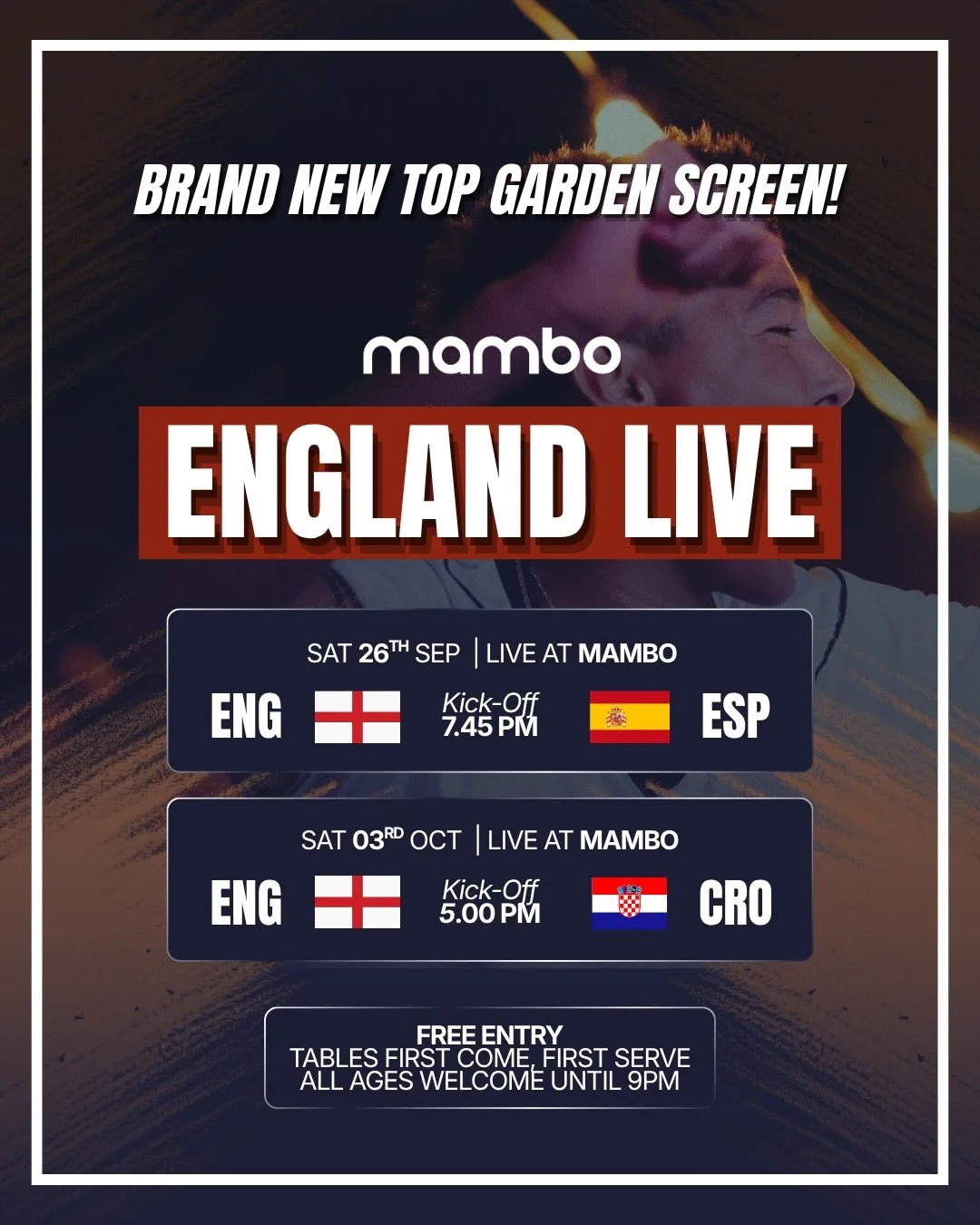 🏴󠁧󠁢󠁥󠁮󠁧󠁿England vs Spain 🇪🇸 

And to make it even better, we&rsquo;ve got a brand new screen in the top garden 😍 

⚽️ Free entry for the football 
🎶 DJ on after the game 
🍻 Saturday night in full flow 
📍 Mambo Taunton 
⏰ 7:45pm

Gather th