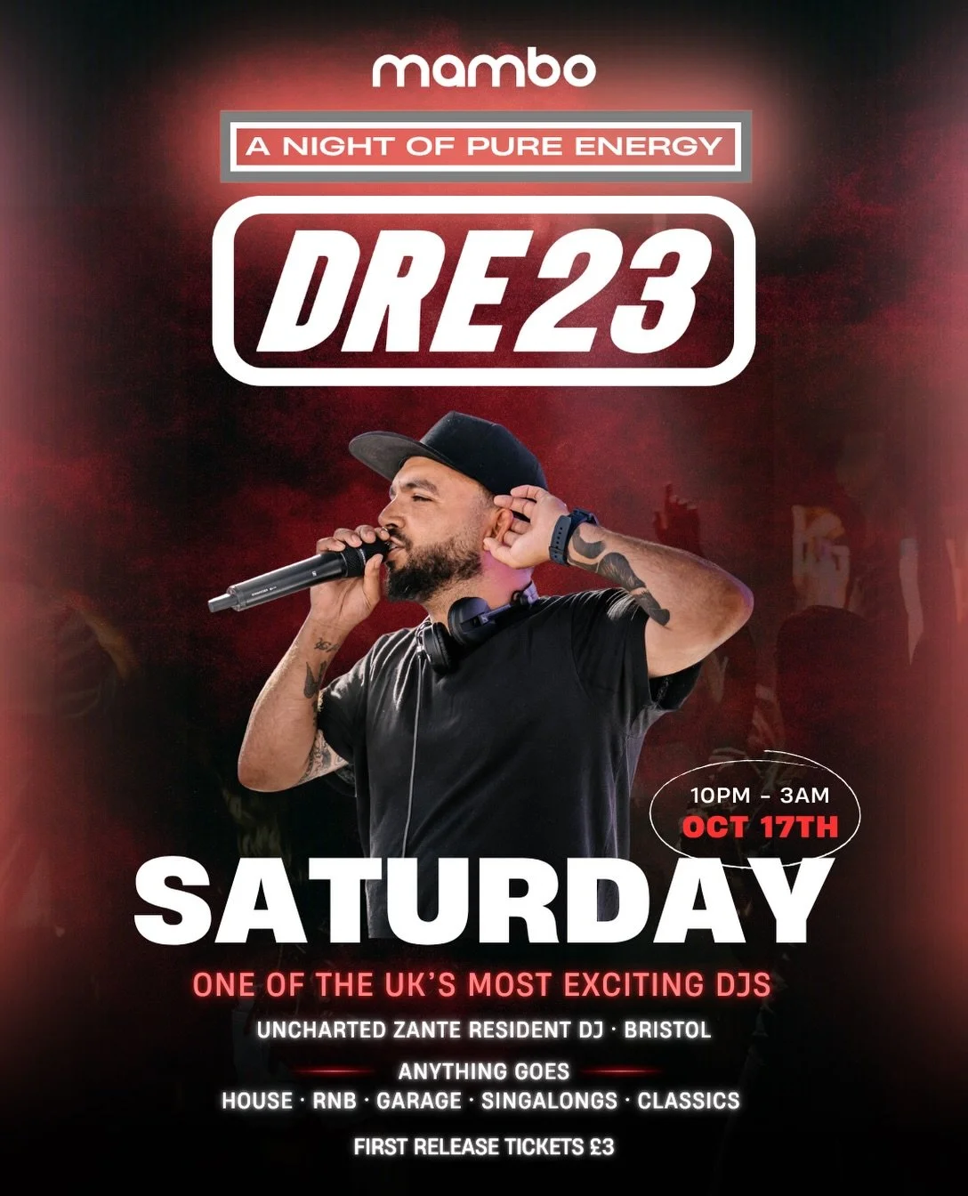 @djdre_23 lands at Mambo on Saturday 17th October for a night of PURE ENERGY! 

Straight from Bristol, the Uncharted Zante resident is bringing big tunes and plenty of moments to lose your voice to 🎤

House, R&amp;B, garage, singalongs &amp; classic