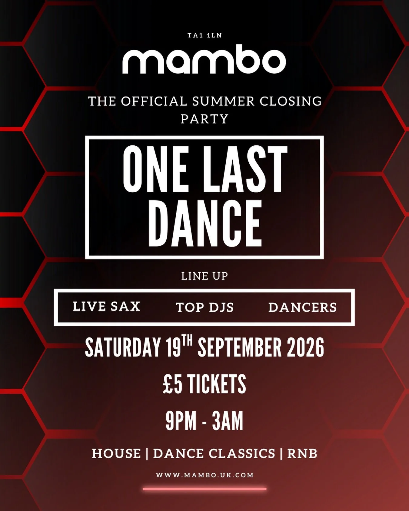 Tonight we&rsquo;re keeping those summer vibes alive for ONE LAST DANCE 🪩

🎷 Live sax alongside our DJs
💃 Performers throughout the night
🎶 House &bull; Dance Classics &bull; R&amp;B
🔥 Nothing but feel good energy

📅 Saturday 19th September
🎟️