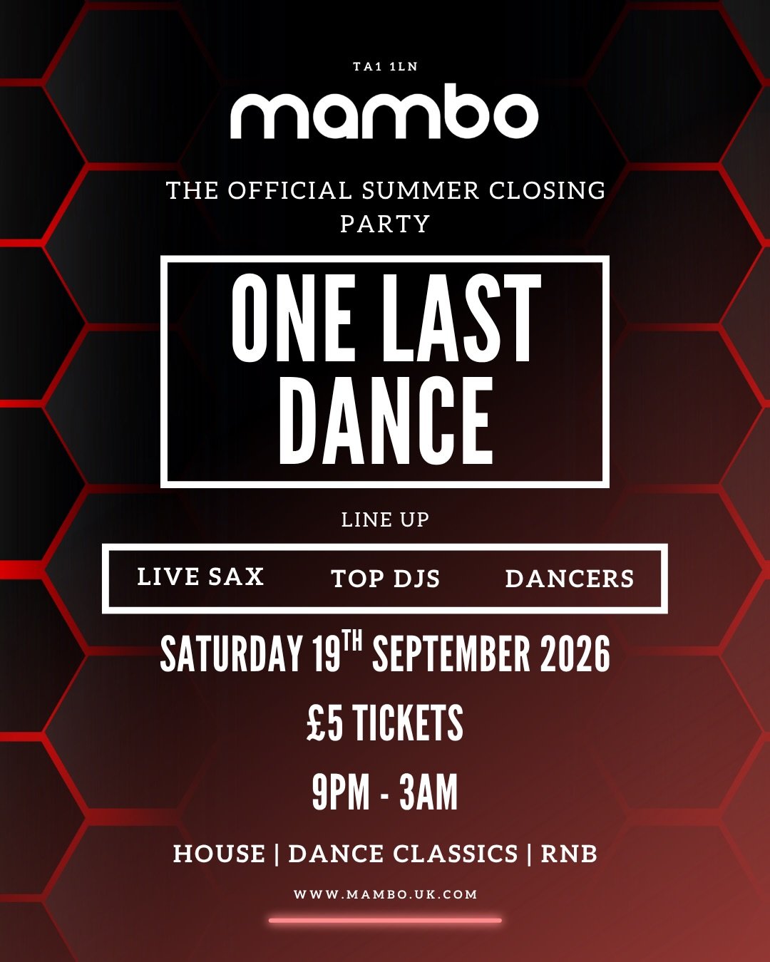 What a summer it&rsquo;s been! ☀️🔥

We&rsquo;re not quite ready to let it go&hellip; so let&rsquo;s keep those summer vibes alive for ONE LAST DANCE 🪩

🎷 Live sax alongside our DJs
💃 Performers throughout the night
🎶 House &bull; Dance Classics 