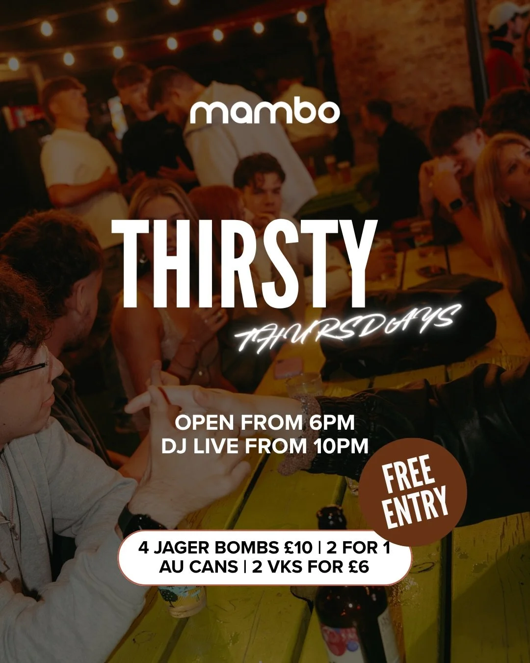 Thursday plans = sorted 🍻

Thirsty Thursdays at Mambo 
🎧 DJ from 10PM
🤝 Drinks deals all night
🚪 FREE ENTRY

#mambotaunton #taunton