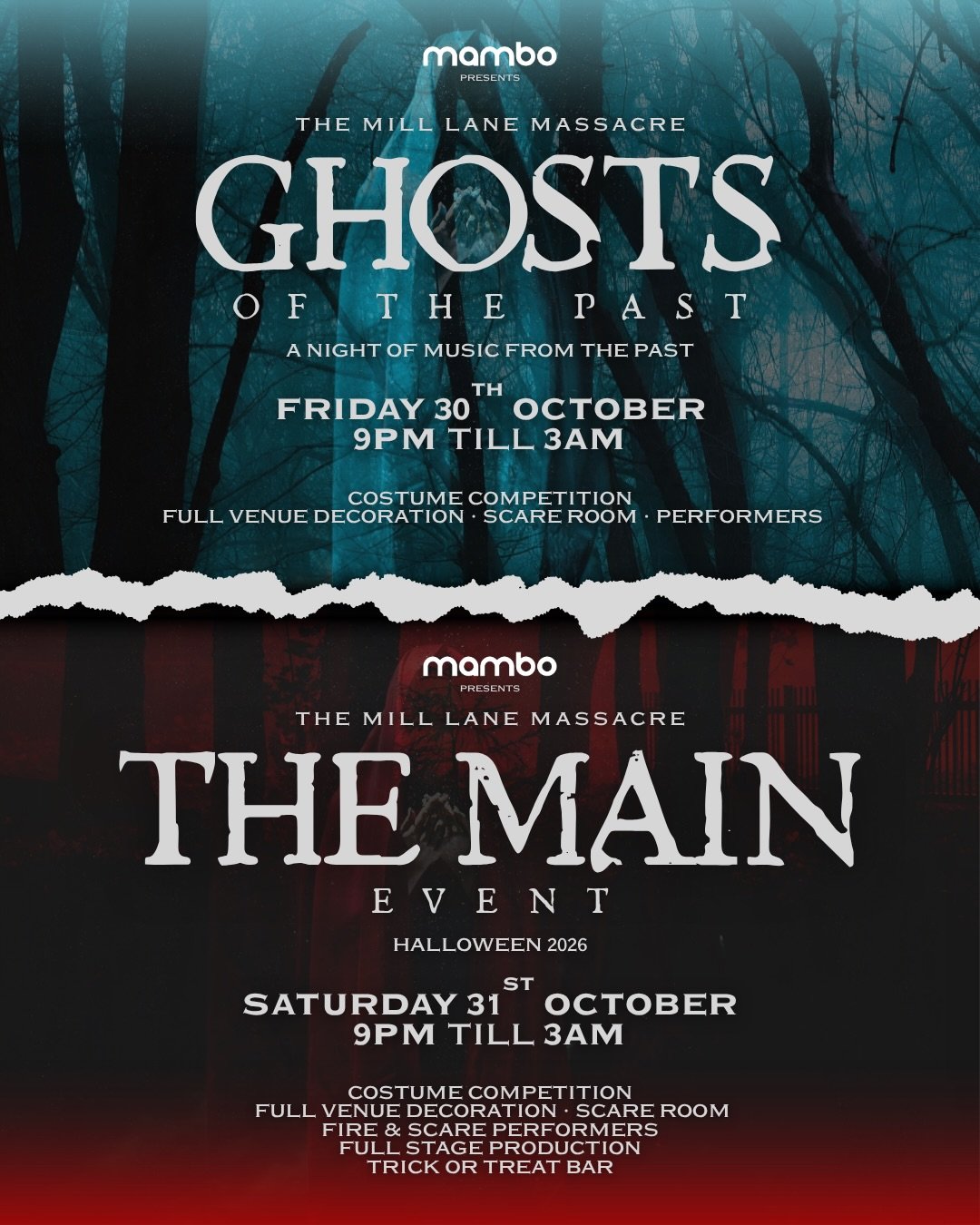 This weekend&hellip; Mill Lane gets a little darker 🫣

THE MILL LANE MASSACRE takes over Mambo for TWO nights of Halloween chaos 👻

🩸 Friday 30th - Ghosts of the Past
🩸 Saturday 31st - The Main Event

Expect full venue Halloween decoration, scare