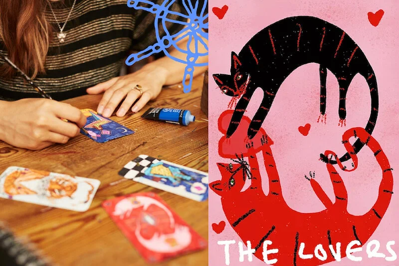 The Purple Diamond Tarot Deck, photo on the left by Harriet Clare