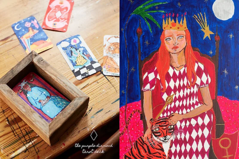 The Purple Diamond Tarot Deck (left), The Empress, painting on wood (right)