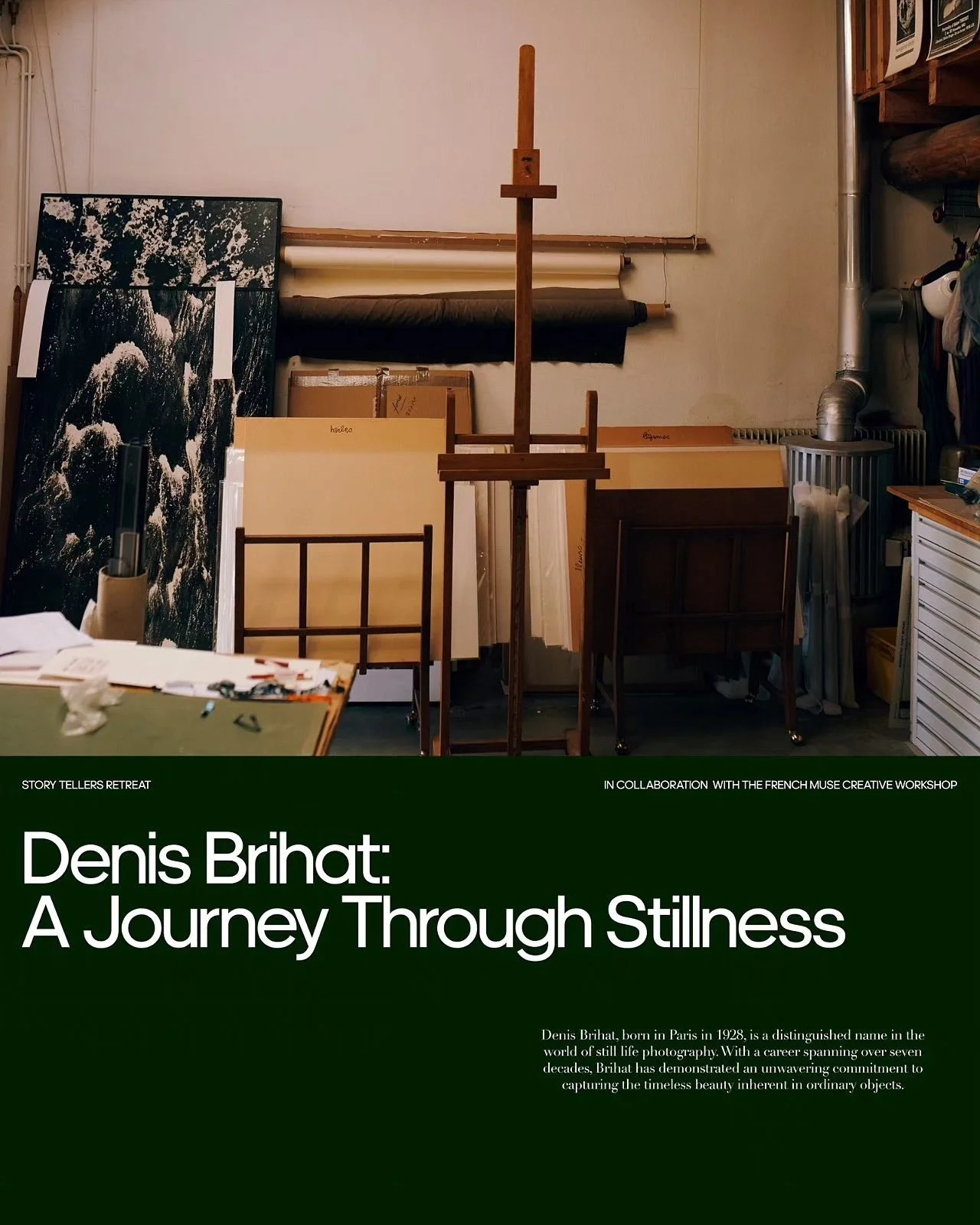 The image shows an artist's workspace with various canvases and an easel. A large black and white artwork of ocean waves is propped against the wall, along with several other canvases. An empty wooden easel stands center, surrounded by art supplies a