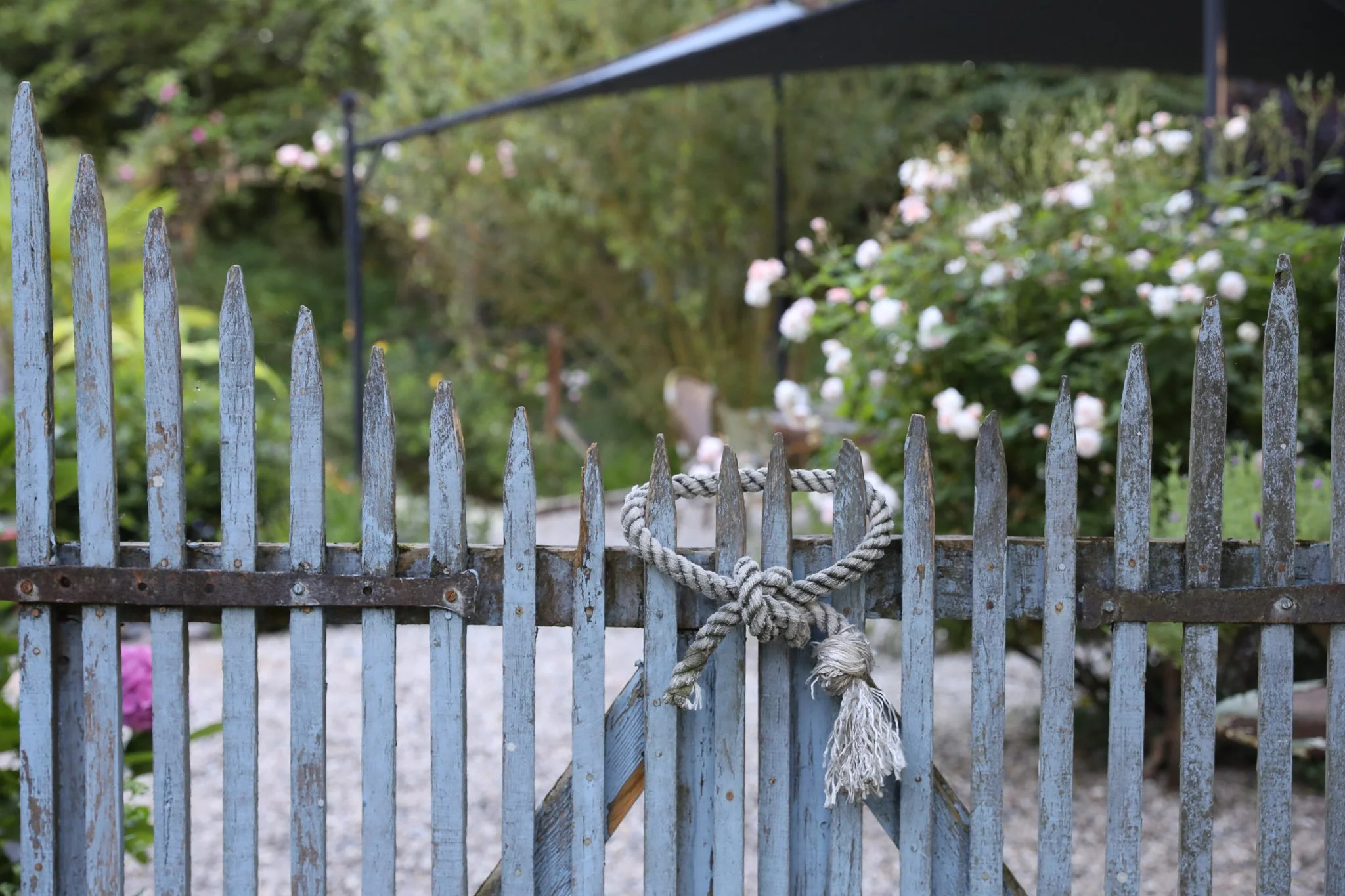 Old wooden gate tied with a rope in front of a garden with blooming white and pink flowers.