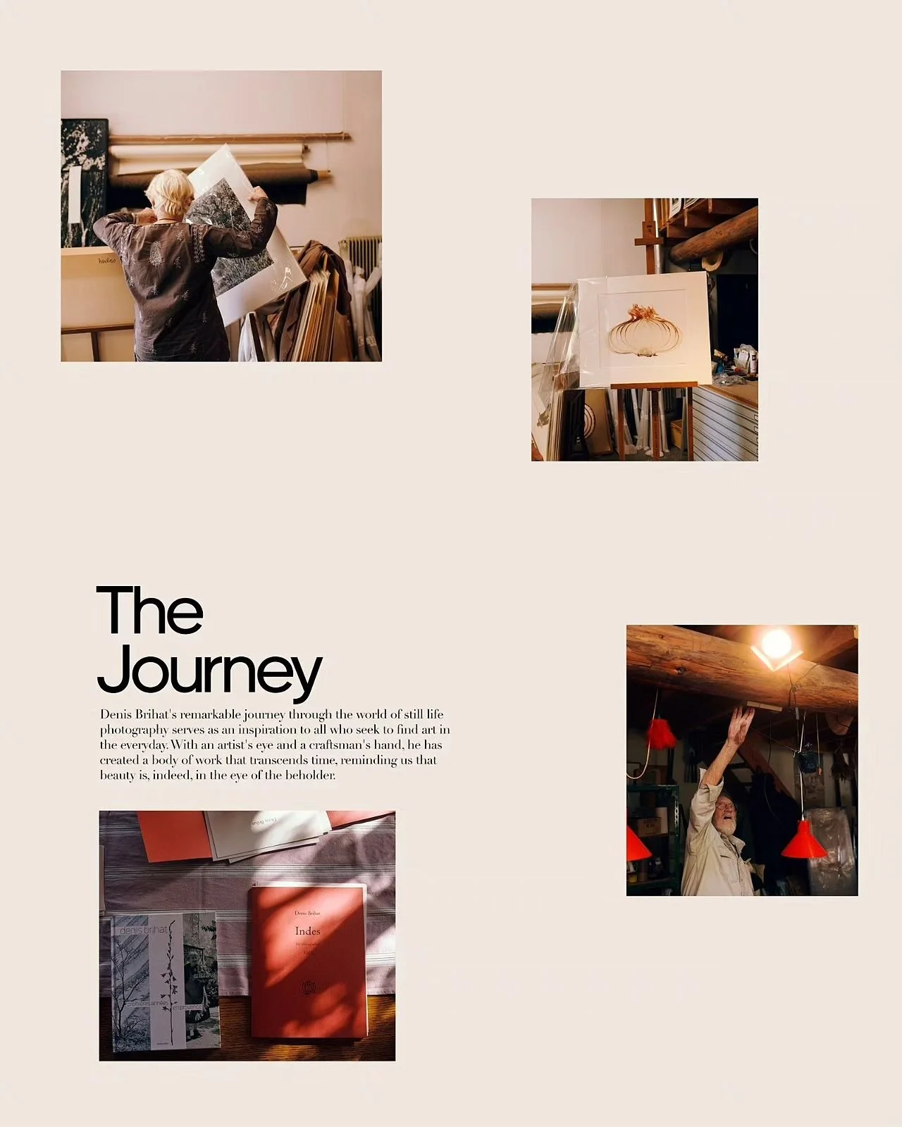 A collage of four photographs featuring an art studio or workshop, including a person examining artwork, a painting of an onion, a stack of books or notebooks, and a man reaching up to a ceiling light fixture.