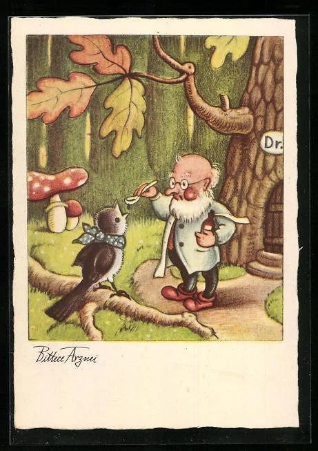 Kuenstler-AK-sign-Ernst-Fay-Zwergen-Doktor-gibt-krankem-Vogel-bittere-Arznei.jpg