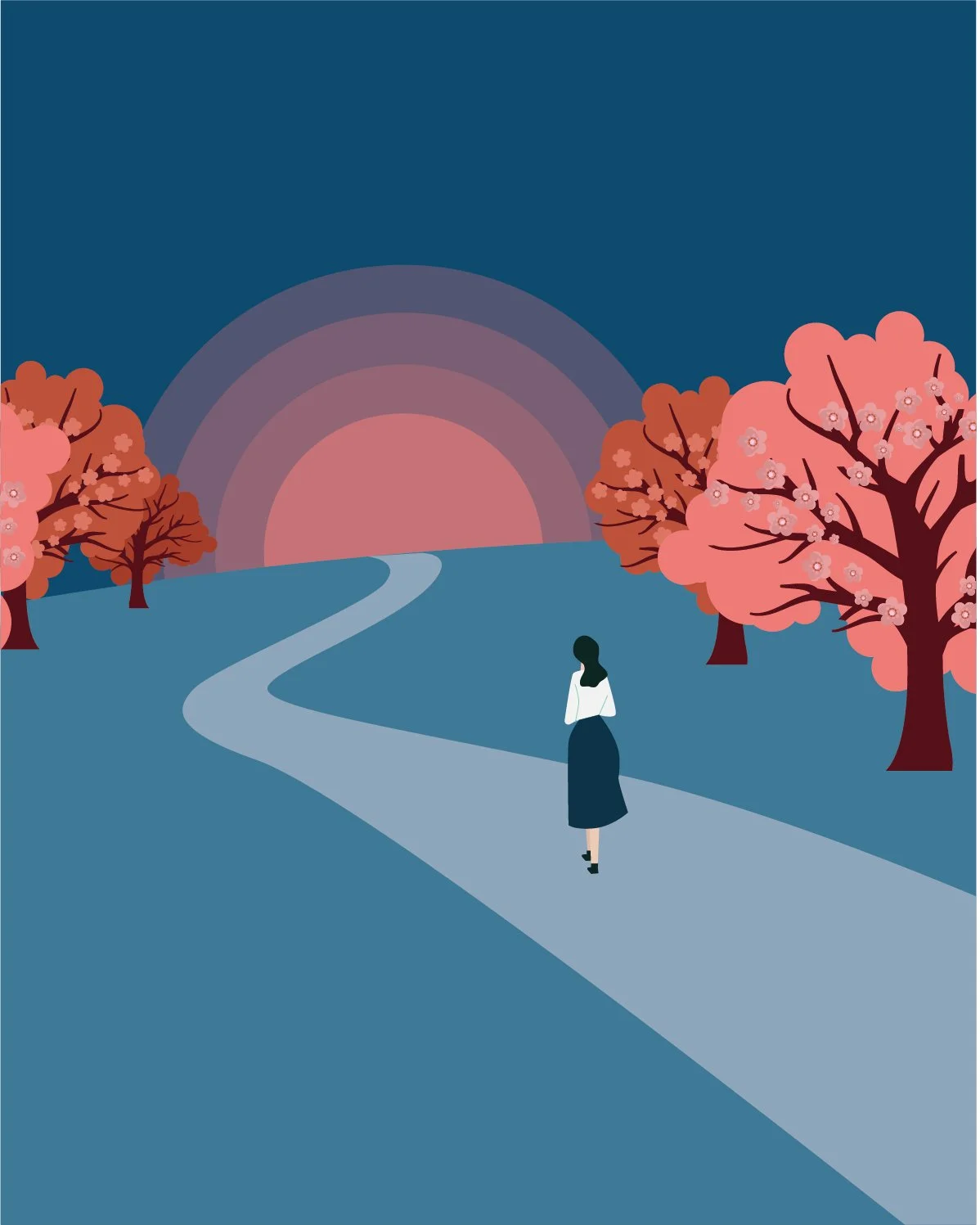Mujer caminando por un sendero al amanecer