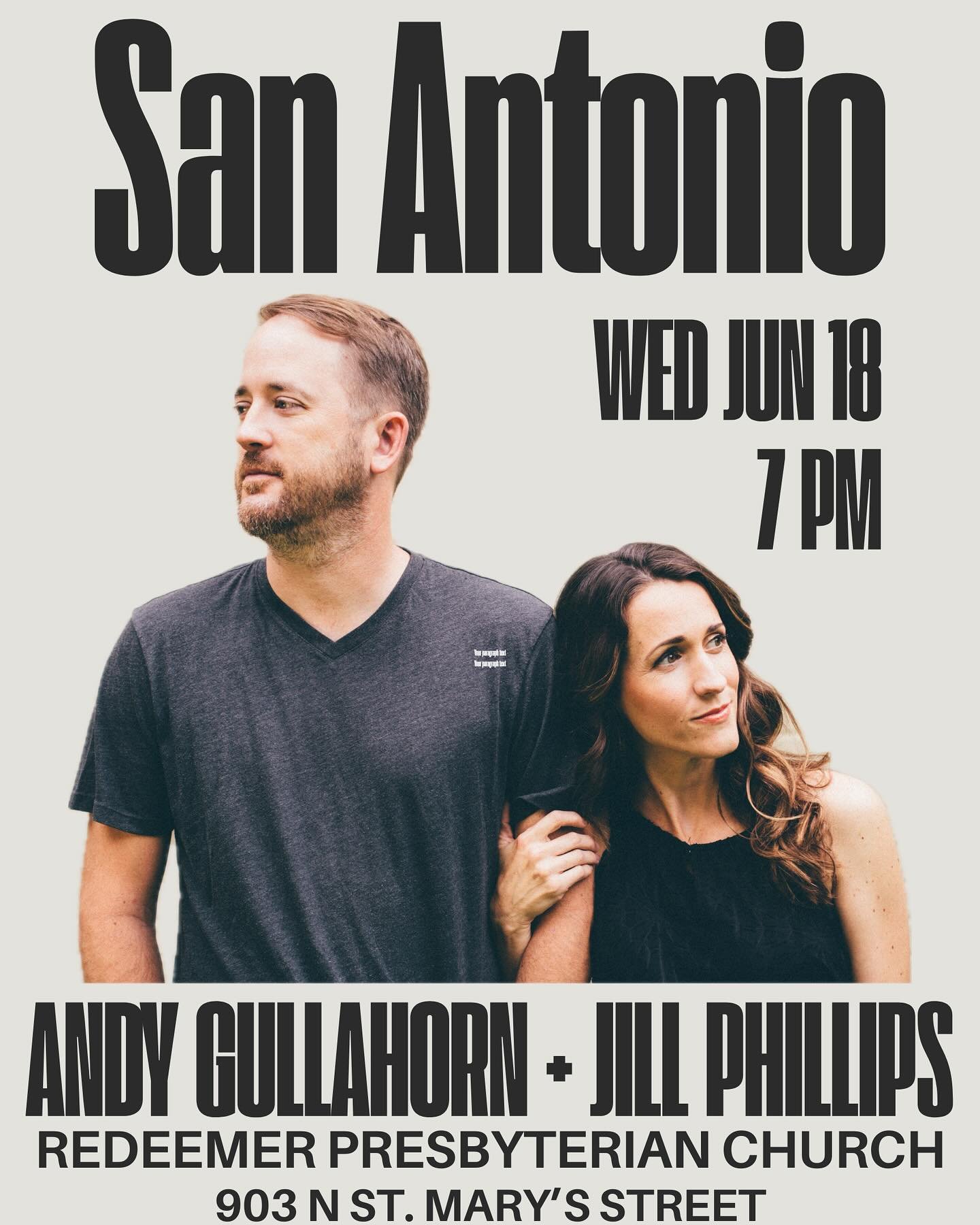 Hey San Antone. Jill and I will be there this Wednesday June 18 at Redeemer Pres. Hope to see you. More info at redeemersa.org