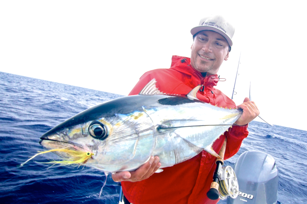 Capt. Mark with a SoCal yellowfin on the fly.