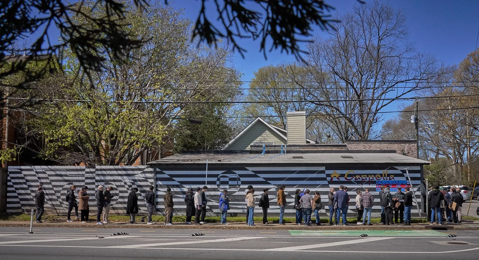 Long line of people waiting outside a building with a black and white striped mural on the wall, trees in the background, and parked cars nearby.