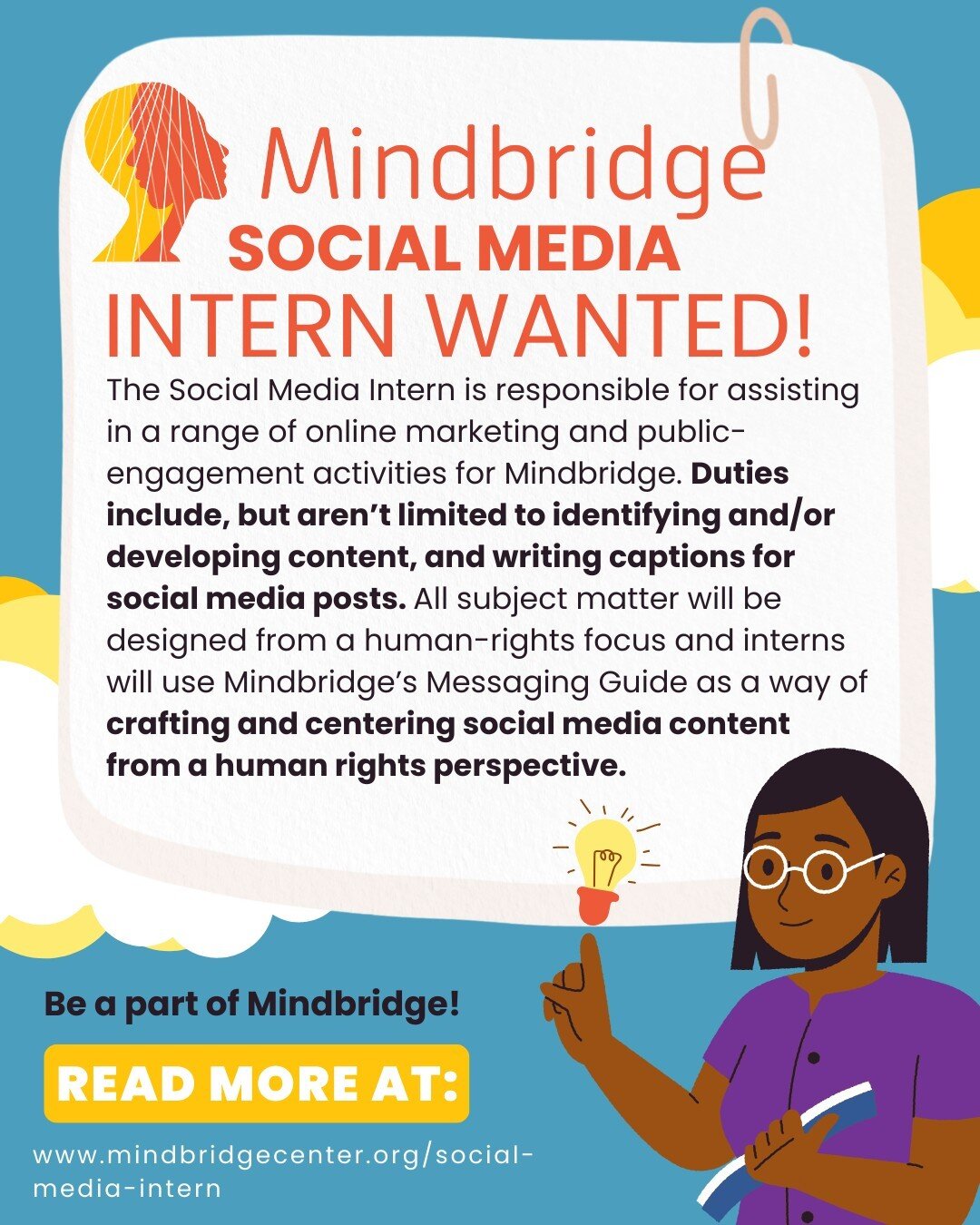 Attention! Mindbridge is looking for a Social Media Intern! Learn more at: https://www.mindbridgecenter.org/social-media-intern