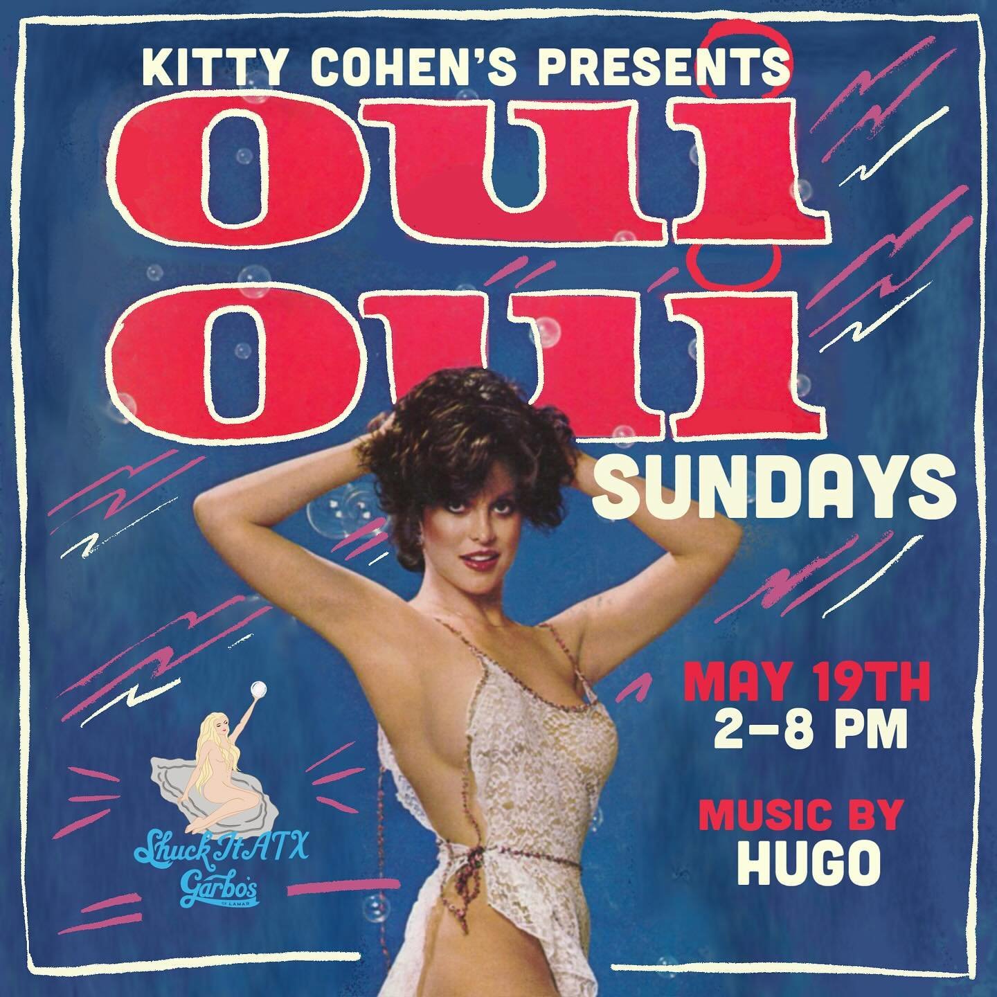 OUI! OUI! Find us shuckin&rsquo;, slurpin&rsquo;, and bumpin&rsquo; this SUNDAY 5.19 from 2 to 8 at @kittycohens 🌴⚡️🍹🦪