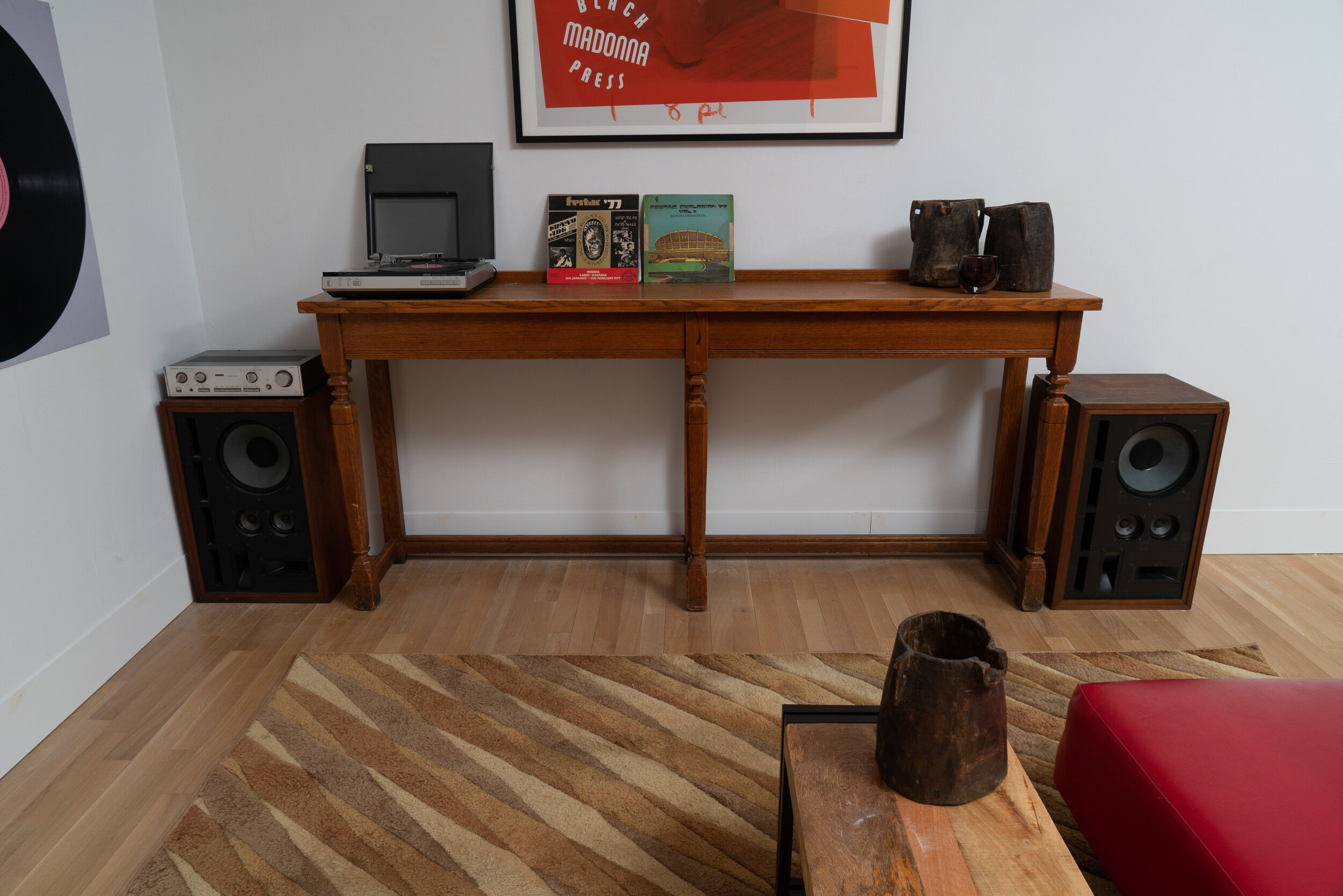  Ayrika Hall and Cortlyn Kelly,  The Story of Sound: A Look at FESTAC ‘77 and the Evolution of Music,  2020. Installation view in the Logan Center Gallery. Various furniture, ephemera, speakers, and music playlist. Photo by Robert Chase Heishman 