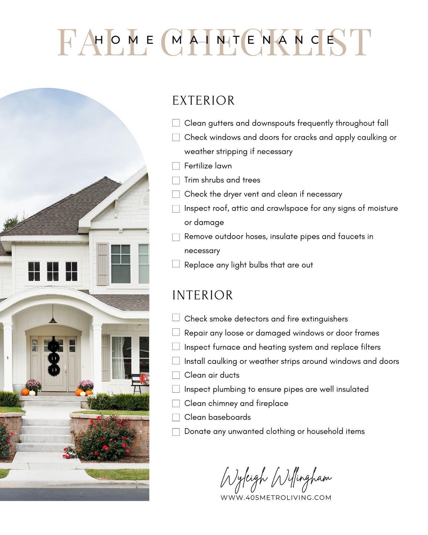 Just a few home maintenance thing for fall to keep your home in tip top shape.  Happy Fall!! 🍁 🍃 🎃🏡

 #happyhome #realtor 
 #happyhome #happyhomeowners #sellinghomes  #soldbywyleigh #405metroliving #okcrealtor #okcrealestate #edmondrealtor #edmon