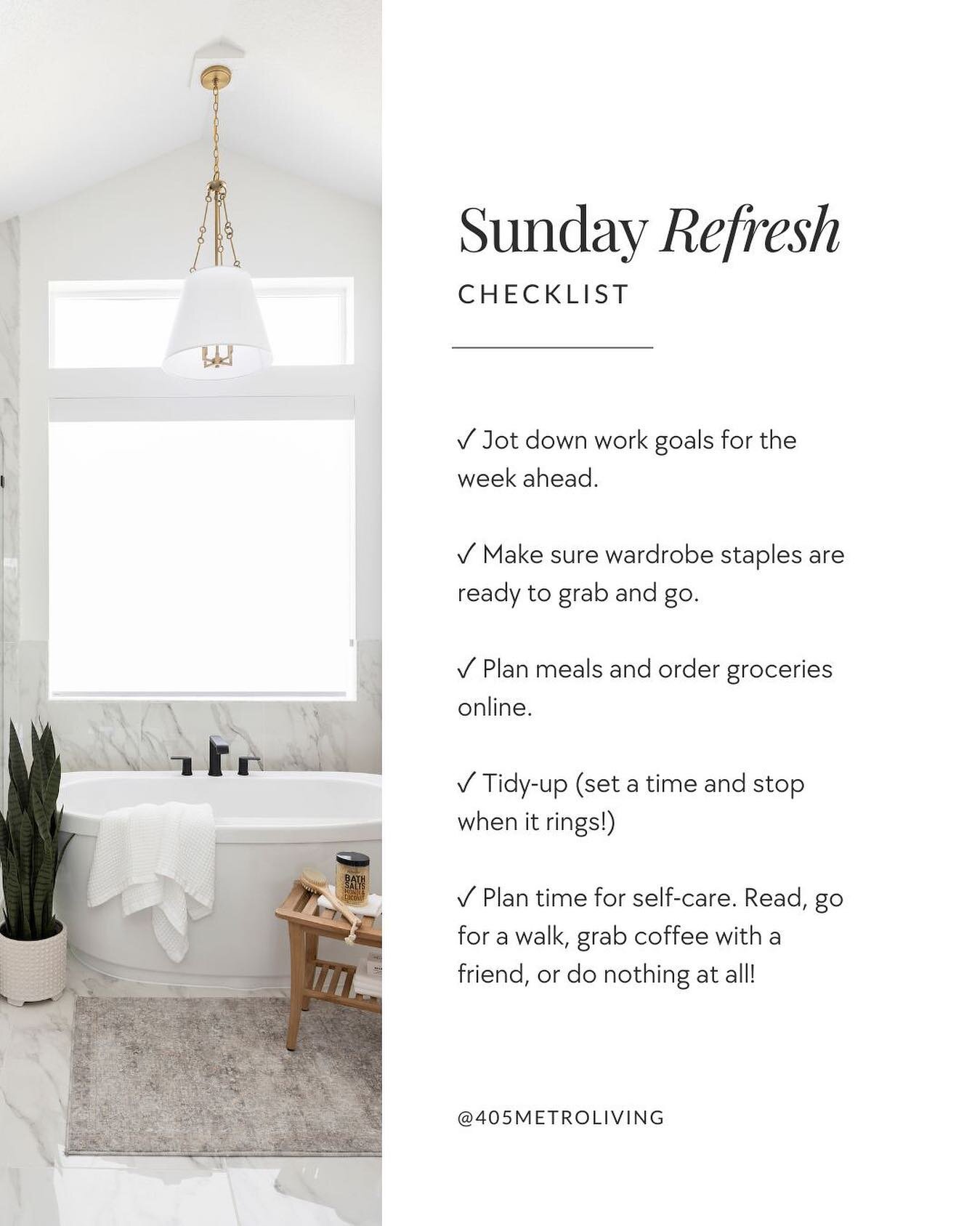 Sundays + sofas = Best combo ever. 

While Sundays are for slowing down, they&rsquo;re also for getting ready for the week ahead. Here's my (simple) Sunday refresh checklist:

- Jot down work goals for the week ahead.&nbsp;
- Make sure wardrobe stapl