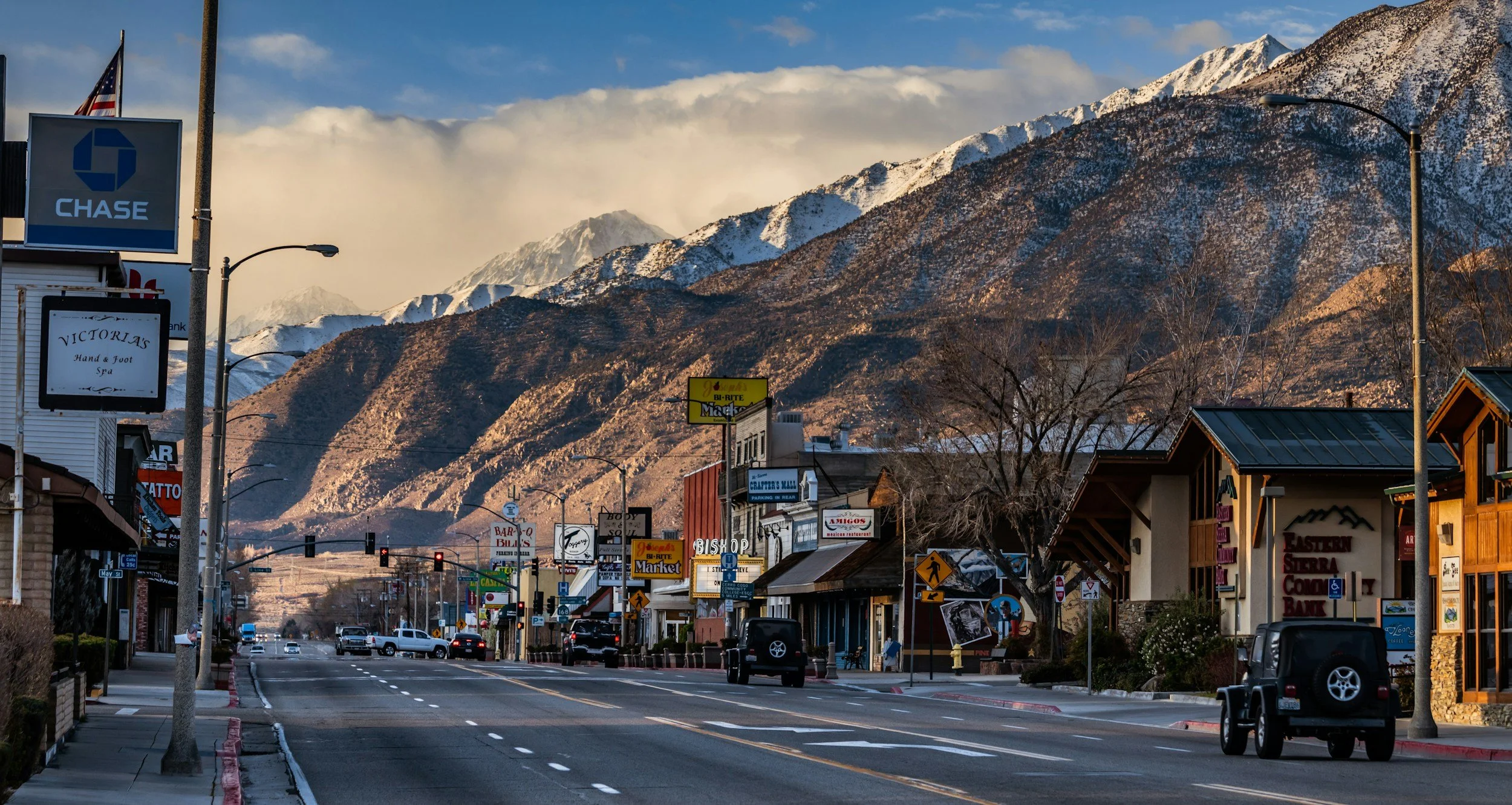 a stormy photo of Bishop, CA main street