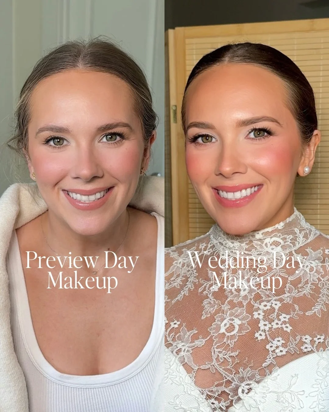 time for another &ldquo;preview day&rdquo; versus &ldquo;wedding day&rdquo; makeup look breakdown! this time, featuring my lovely bride, @sarahozzello 🤍🕊️🪽

a few key differences with the look here:

1 // sarah first requested a very natural makeu