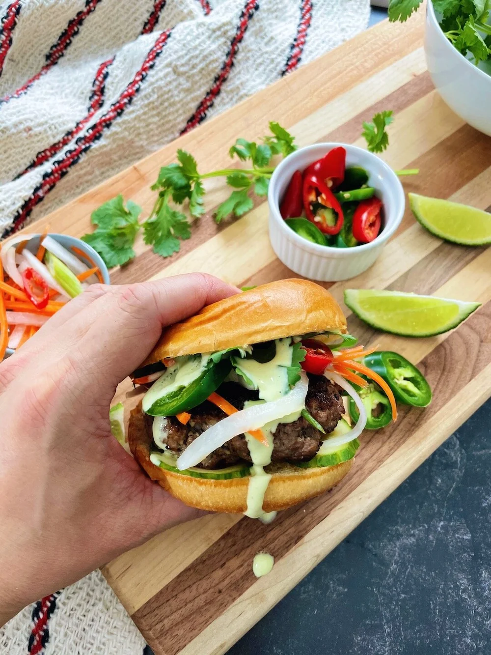 Vietnamese Banh Mi Burger with Cilantro-Maggi Mayo — WHISKEY & BOOCH