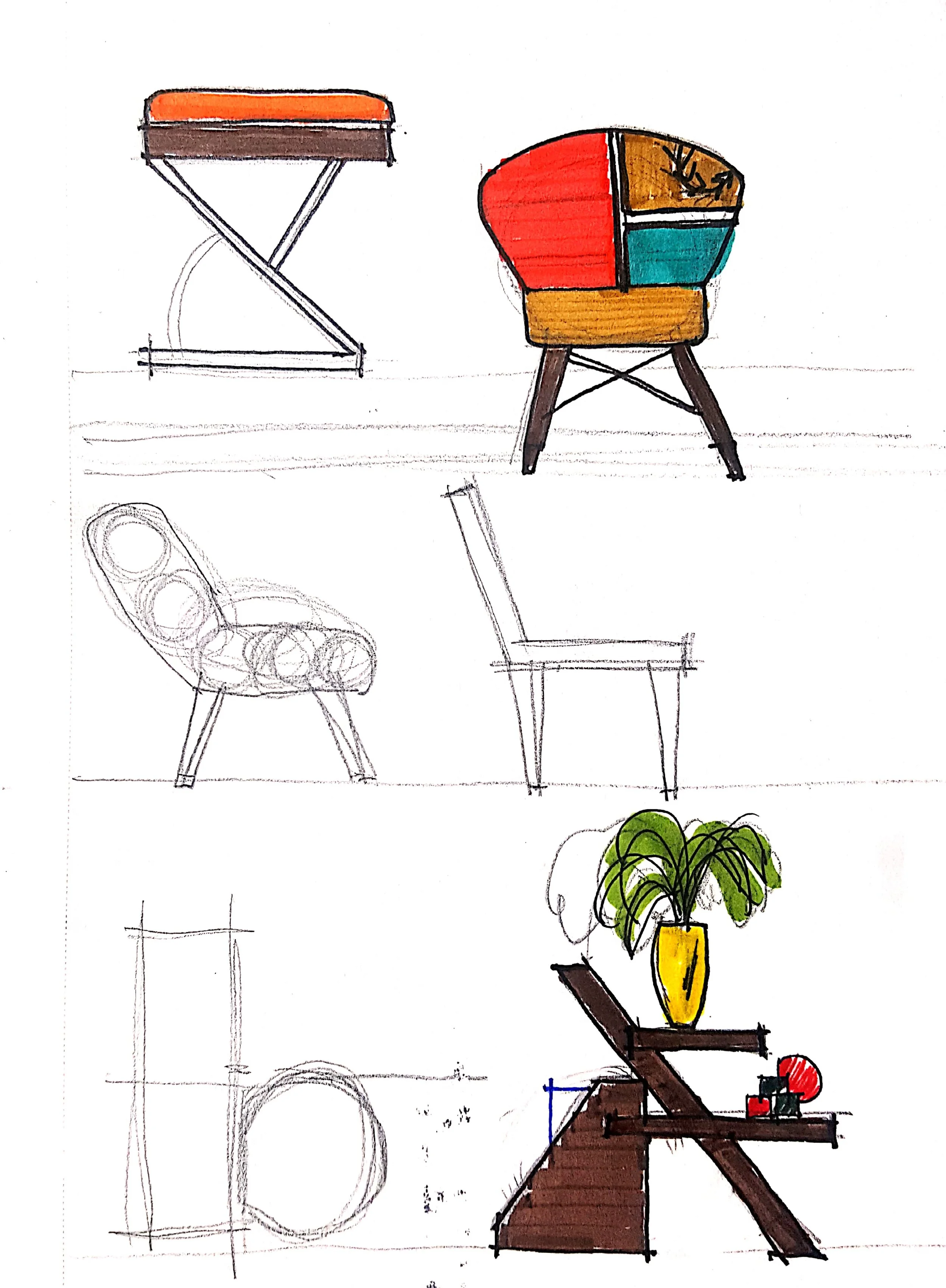 Conceptual sketches of furniture prototypes