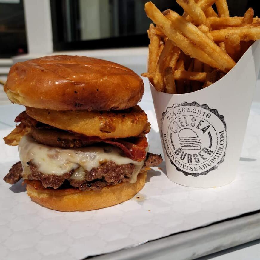 Our special for the month of June is a BBQ BACON CHEESEBURGER with Sriracha-dusted onion rings, homemade sweet chili BBQ sauce,  pepper jack cheese, and bacon on a brioche bun! 

#May #BBQ #special #chelseaburger