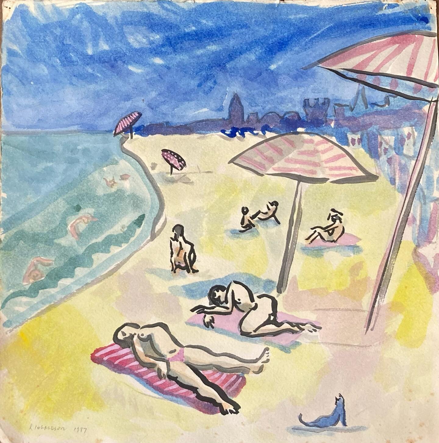 Cat on the Beach  1987  #watercolorpainting #watercolorart #acquerellosucarta #acuarelasobrepapel