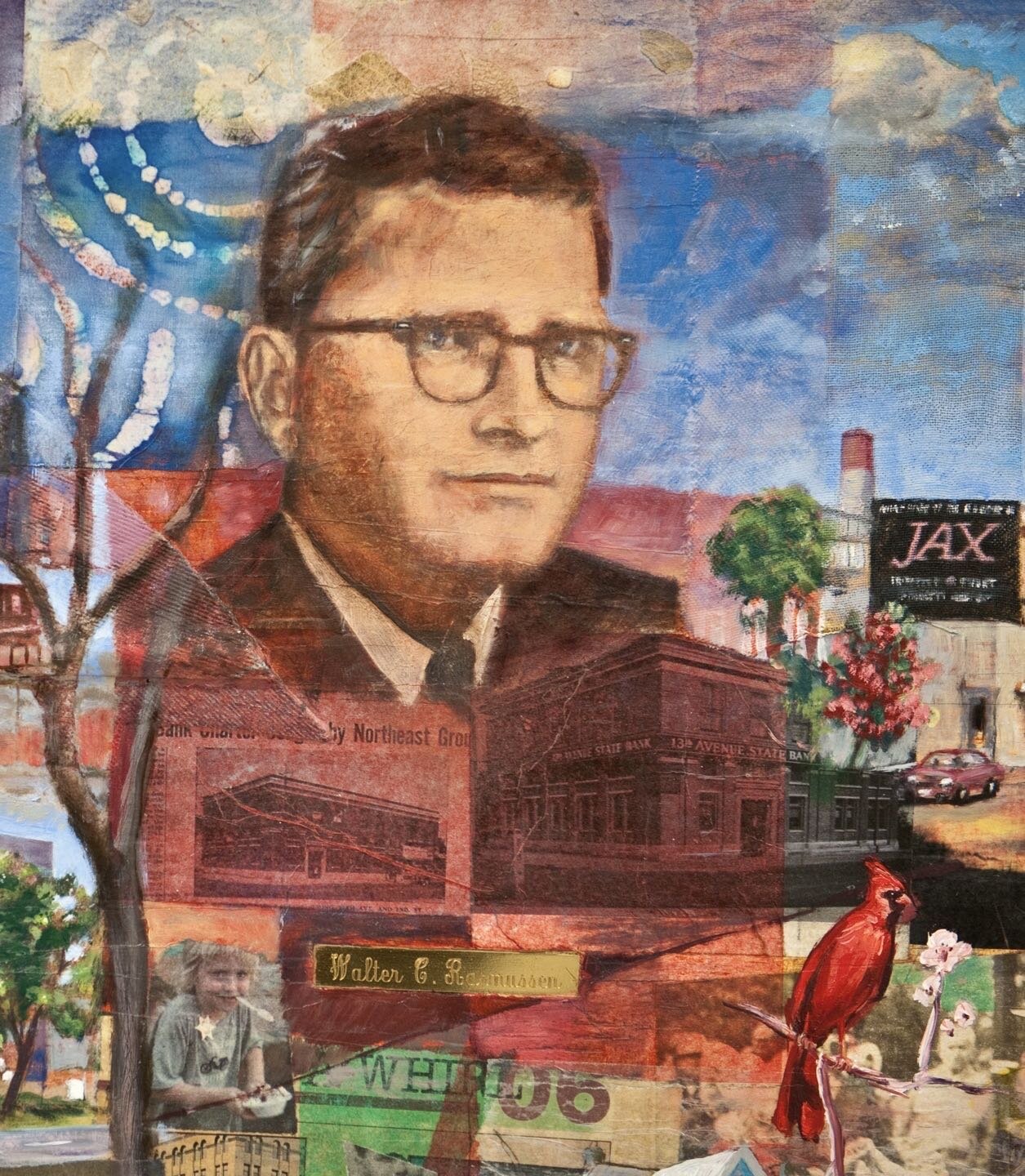Portrait of Walter C. Rasmussen, detail from &quot;Northeast Bank Under the Sky&quot;  mixed media on plywood.  #norheastminneapolis #collageart #mixedmediacollage #artcommisions #larte&egrave;bellamaiopreferiscoilmare