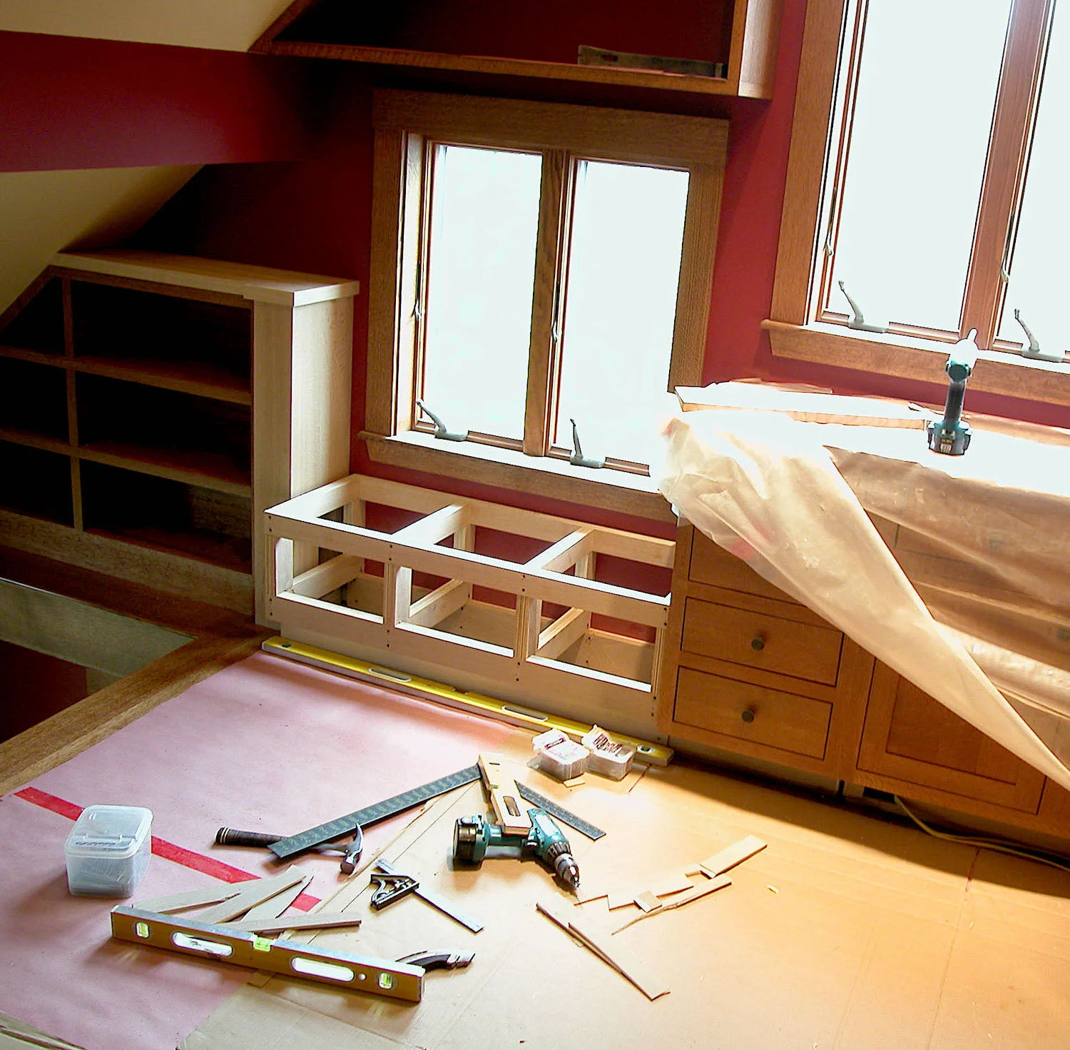 Attic library custom woodworking window seat