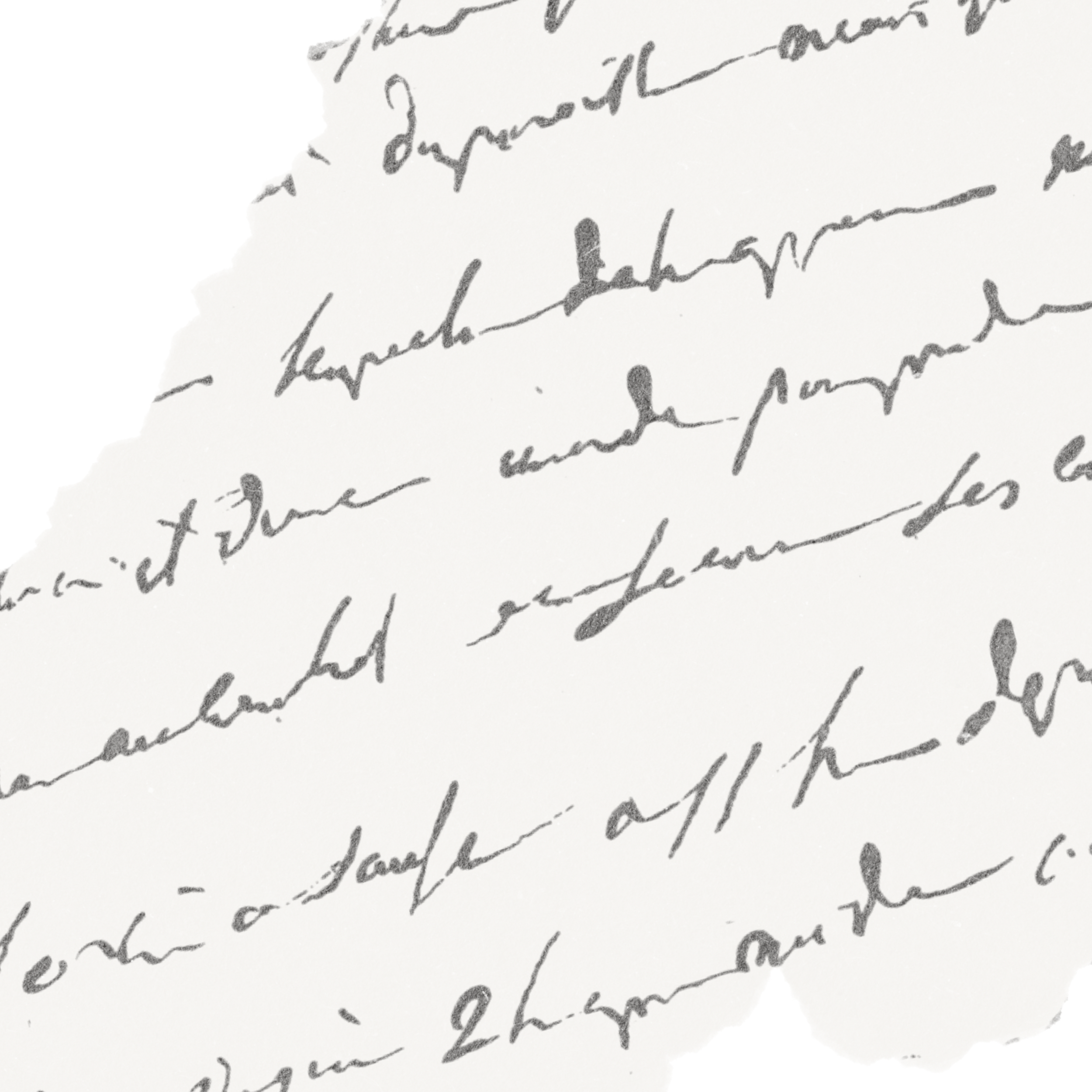 Close-up of handwritten cursive notes on torn piece of paper, black ink on white background.