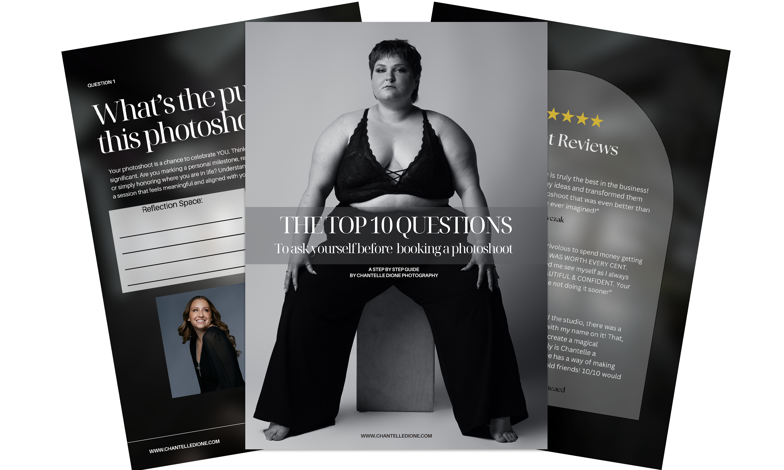 Black and white portrait of a woman in a black lace top and wide-legged pants, sitting on a small wooden block, looking confidently at the camera. Overlaid text reads "The Top 10 Questions To Ask Yourself Before Booking a Photoshoot."