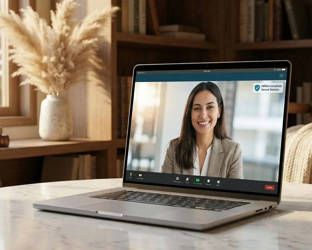 A secure online sex therapy session on a laptop in a private New York home office.