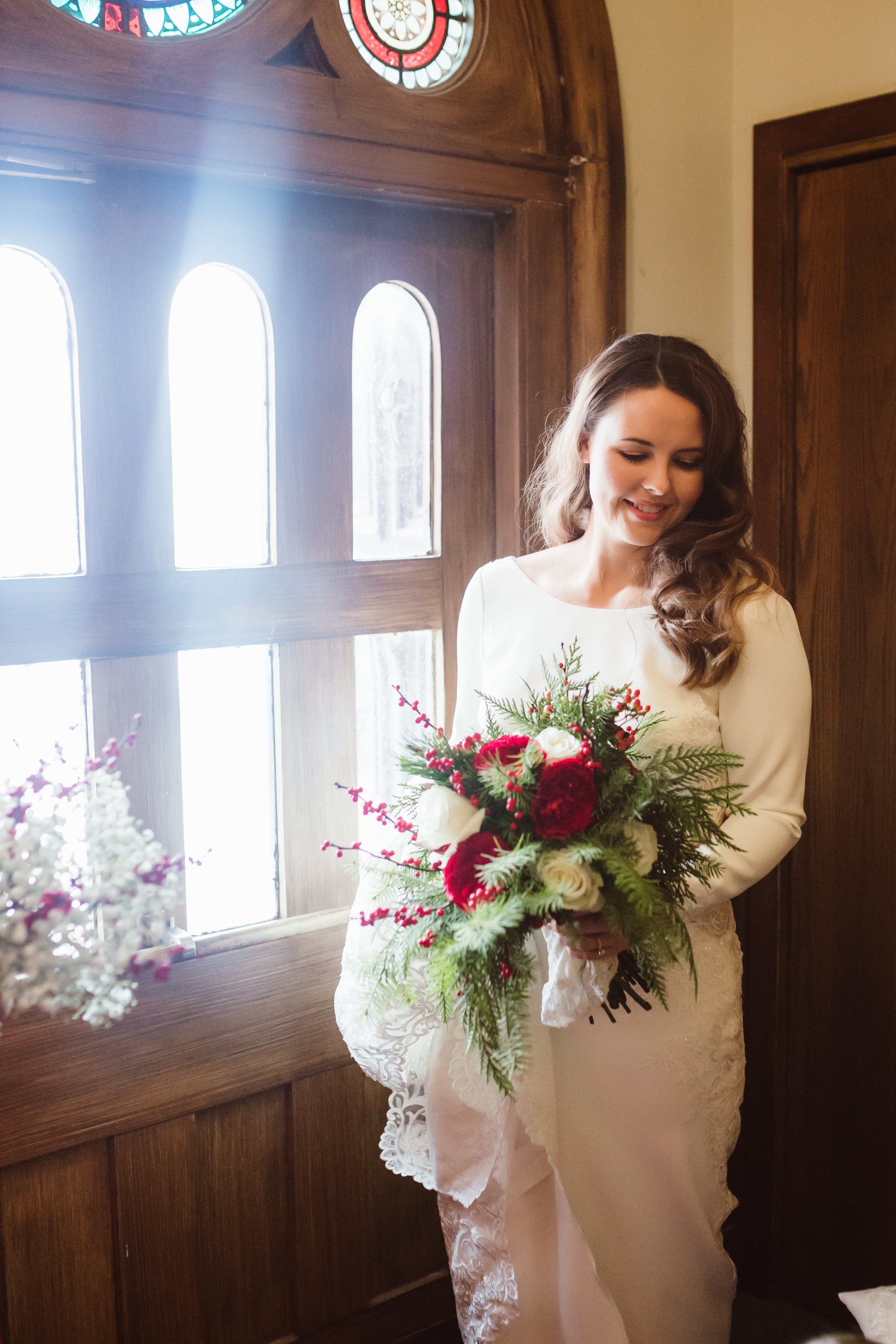  Teala Ward Photography captures a bride in a church getting ready for the wedding day. church weddings Illinois bridal portrait #TealaWardPhotography #TealaWardWeddings #LaSalleWedding #churchwedding #Illinoisweddingphotographer #LaSalle,IL 