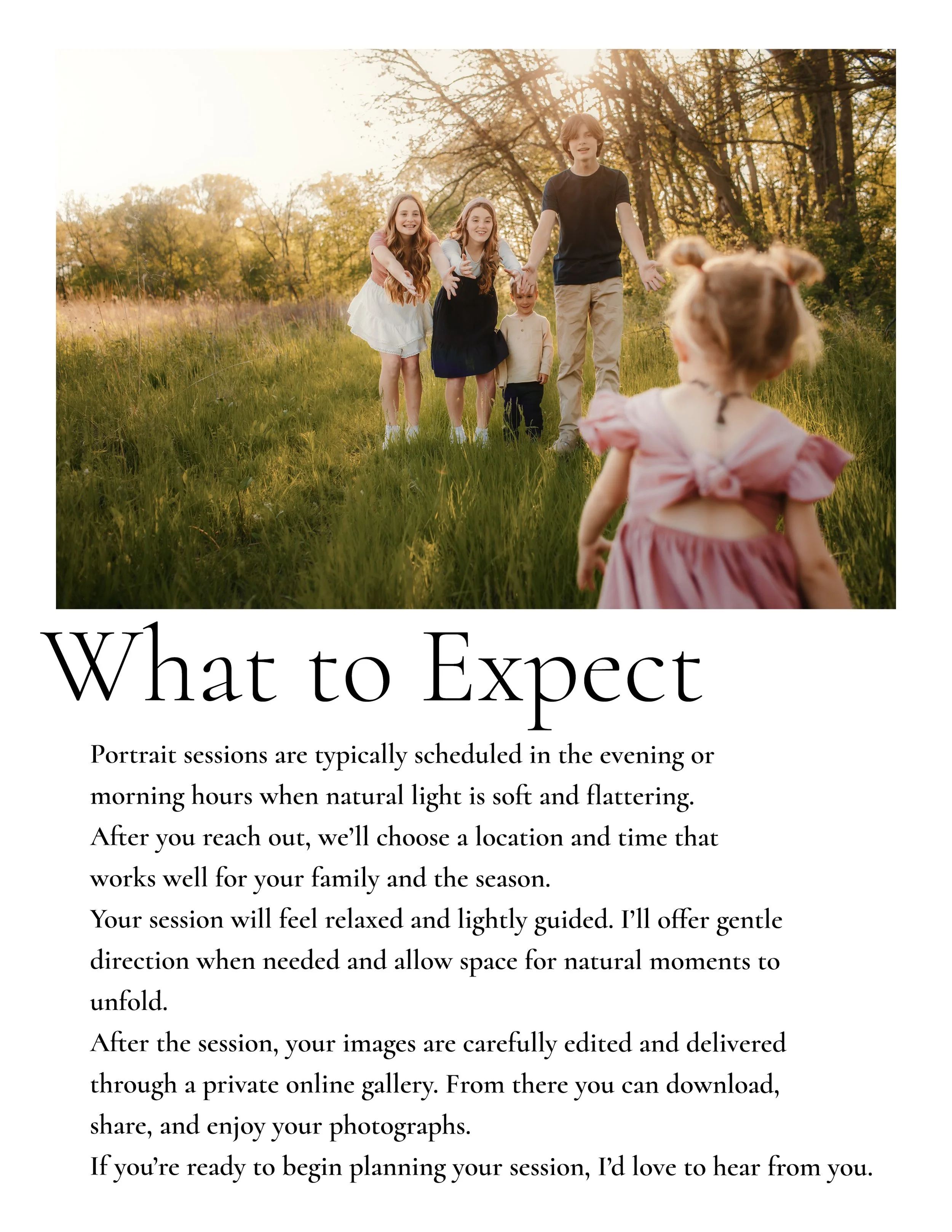 A family of five, including an older child, two younger children, and two teenagers, walking hand-in-hand through a grassy field with trees and sunlight in the background.