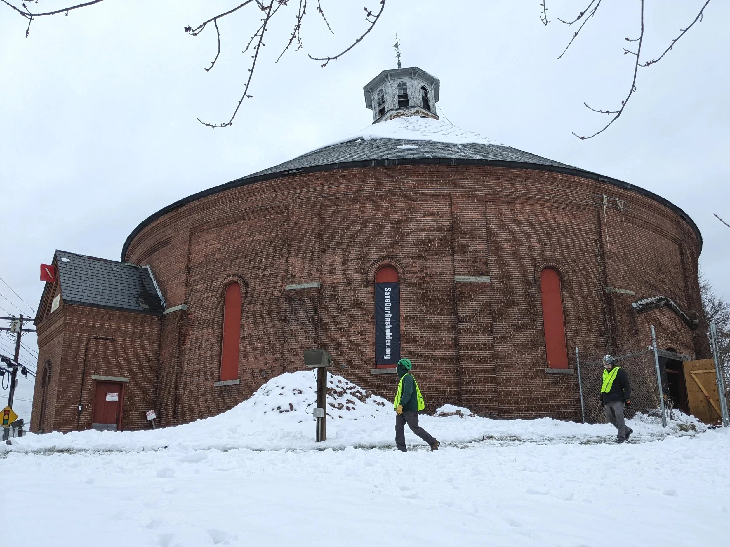 Concord NH Gasholder with workers in December 2025