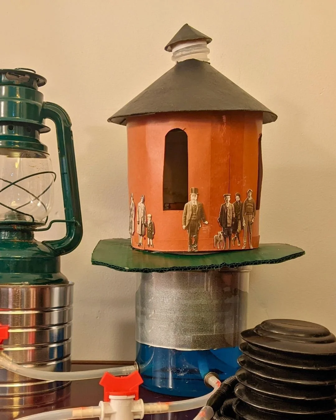 Tabletop Gasholder model of cardboard plastic with pump and lantern