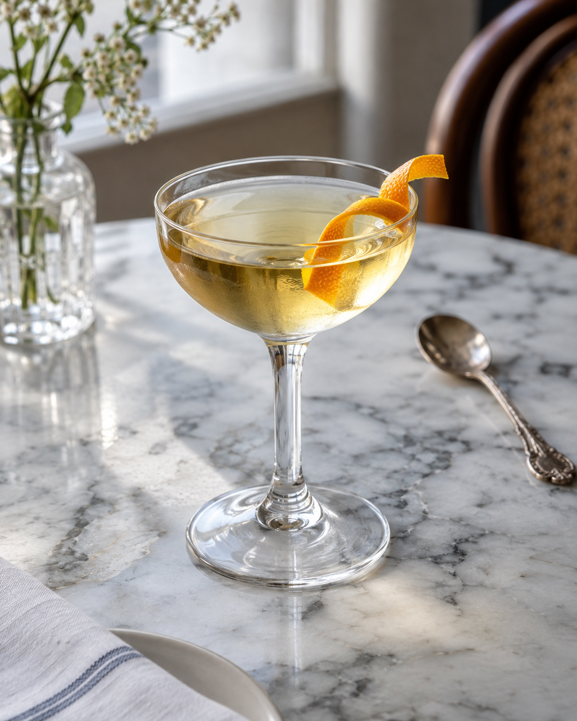 Chrysanthemum cocktail in a coupe glass with an orange twist on pale marble