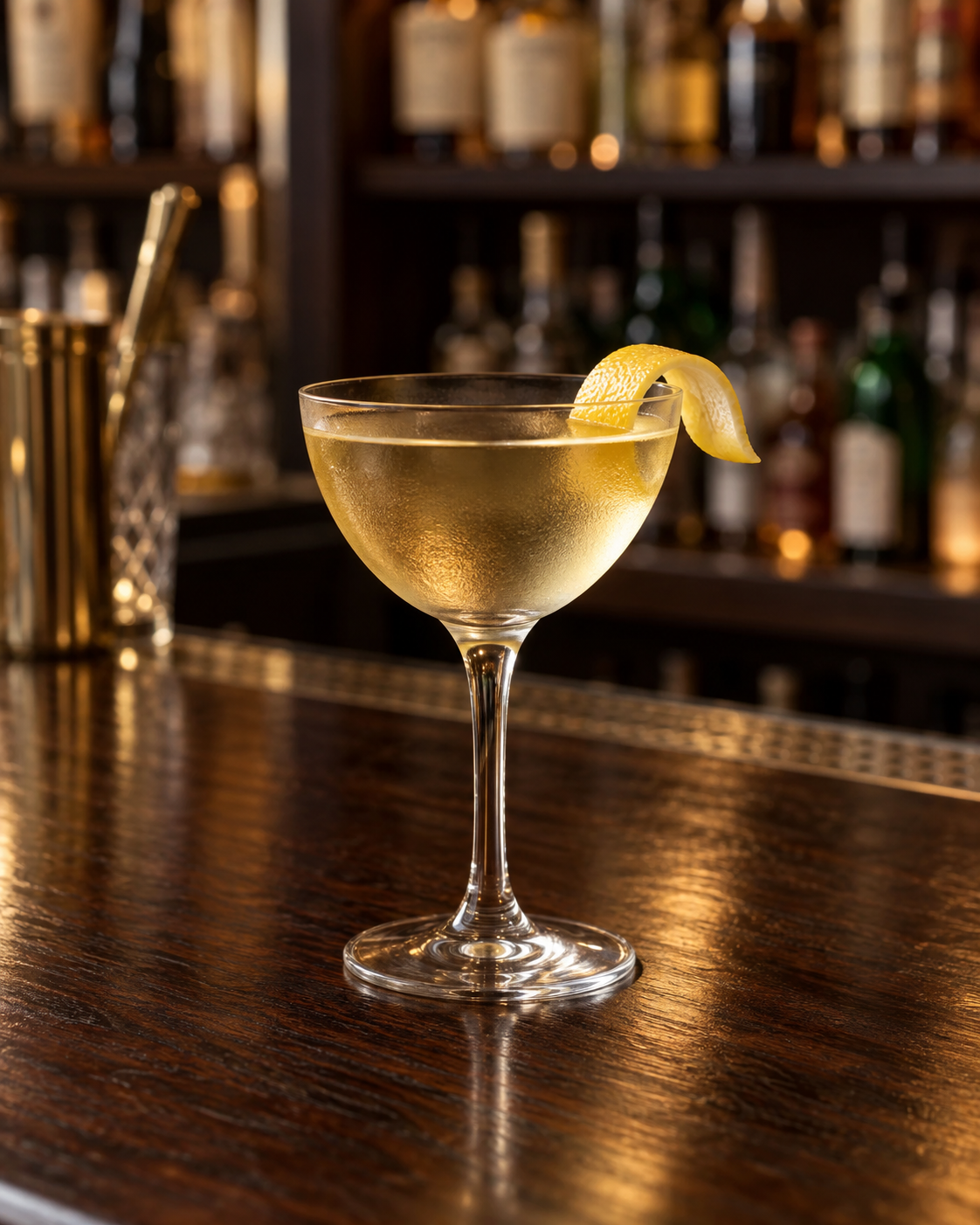 Bamboo cocktail in a Nick and Nora glass with a lemon twist on a warm wooden bar