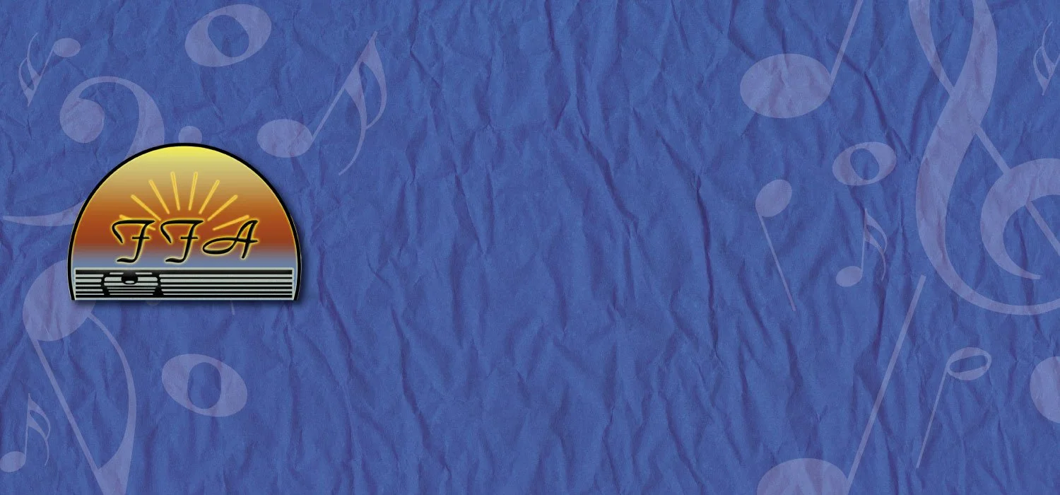 A blue background with musical notes and a logo in the top left corner that has the letters 'FFA' with a sunrise and a camera icon.