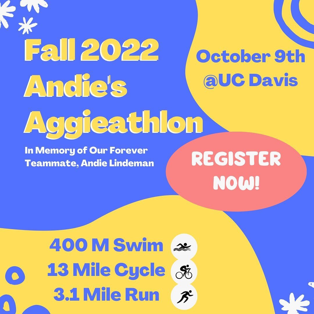 Registration is now open for Andie&rsquo;s Aggieathlon!!! This event will be held at the Schaal Aquatic Center, featuring a flat bike ride and a looped run around the UC Davis Health Stadium. 

Click the link in our bio for links to both registration