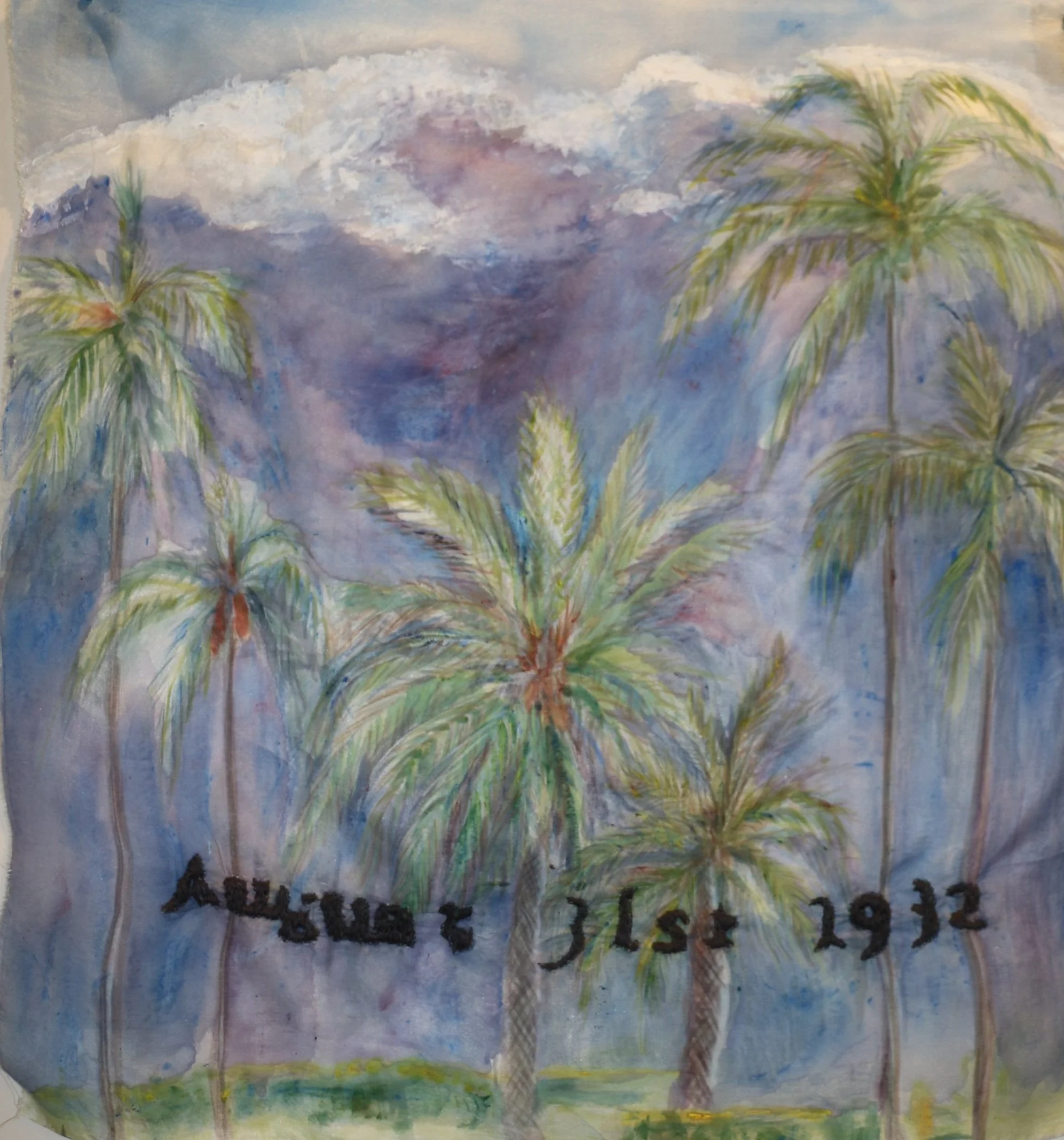 Nadine Reynolds
23rd August 1932
Mixed media and silk thread on silk
40cm x 43cm
$250
When painting en plein air I was drawn to the old palm trees. Who had planted them? “23rd August 1932” is the date on the letter from S G Stephens donating Laurel