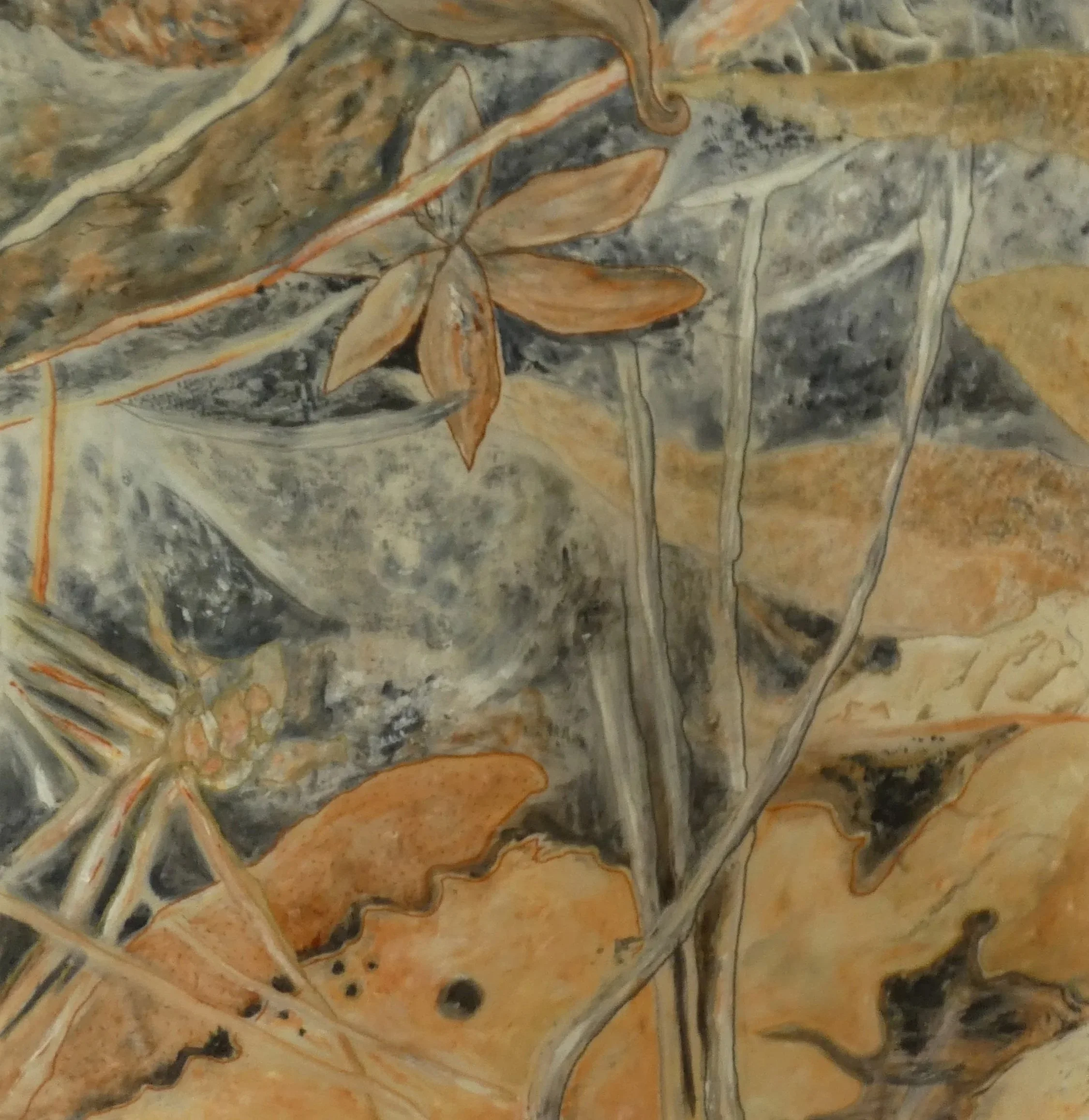 December 2019 
Acrylic and silk thread on silk
55cm x 55cm
SOLD at Auction Ipswich CRI $500

The garden had been suffering from a long hard drought and I took an image of the desiccated garden bed. Disturbingly, it was quite beautiful.