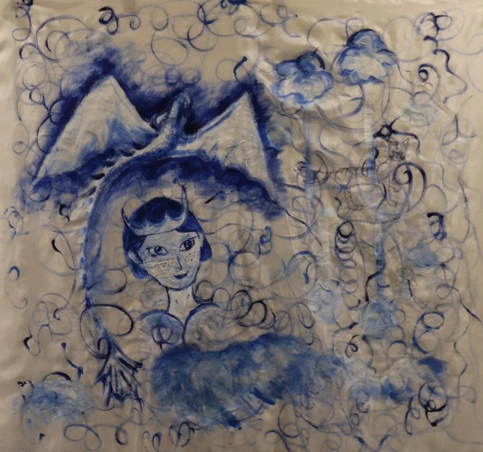 Nadine Reynolds
In collaboration with Olivia White
Embroidered by Justine Antsiss and Nadine Reynolds
“Pure Imagination”
105cm x 105 cm
Acrylic and silk thread on silk
$500
Dreams and imaginings - dragons and castles, a queen and cat reflections, cl