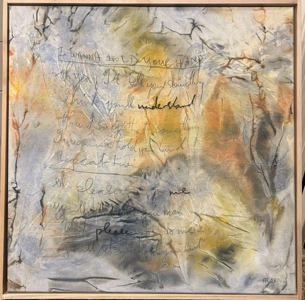 Nadine Reynolds
“Know it’s Hard”
52cm x 52cm
Mixed media on silk, on canvas
SOLD

There is something so visceral about handwriting. It is so personal like hearing someone’s voice, or seeing their gait from a distance. Bob Dylan is the poet of his tim