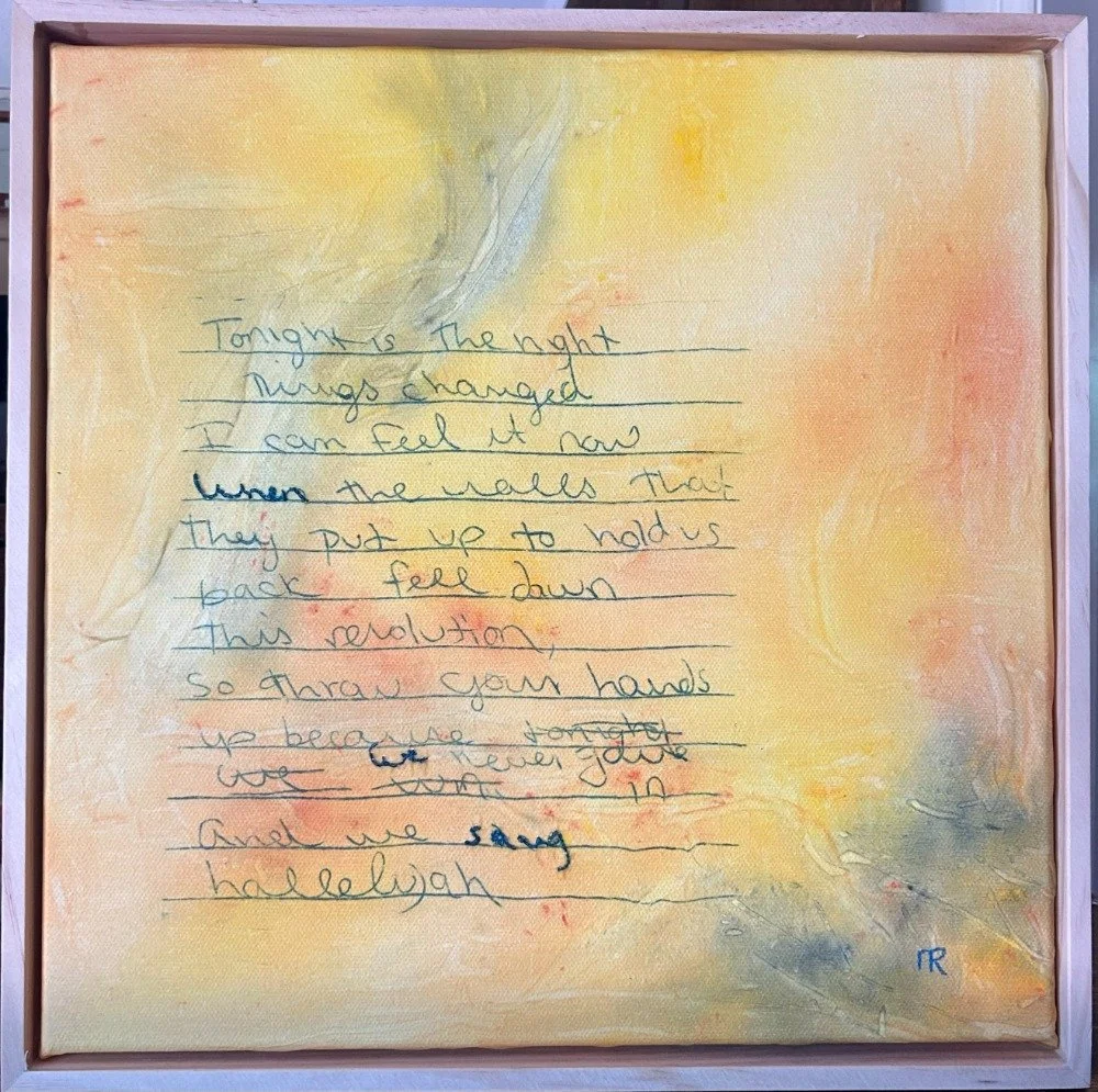 Nadine Reynolds
“when we sang”
30.5cm x 30.5cm
Mixed media on silk, on canvas
$350

I admire Taylor Swift so much. She is a great role model for my daughter. I love that she is known for being kind and strong and a canny businesswoman. She’s clever a