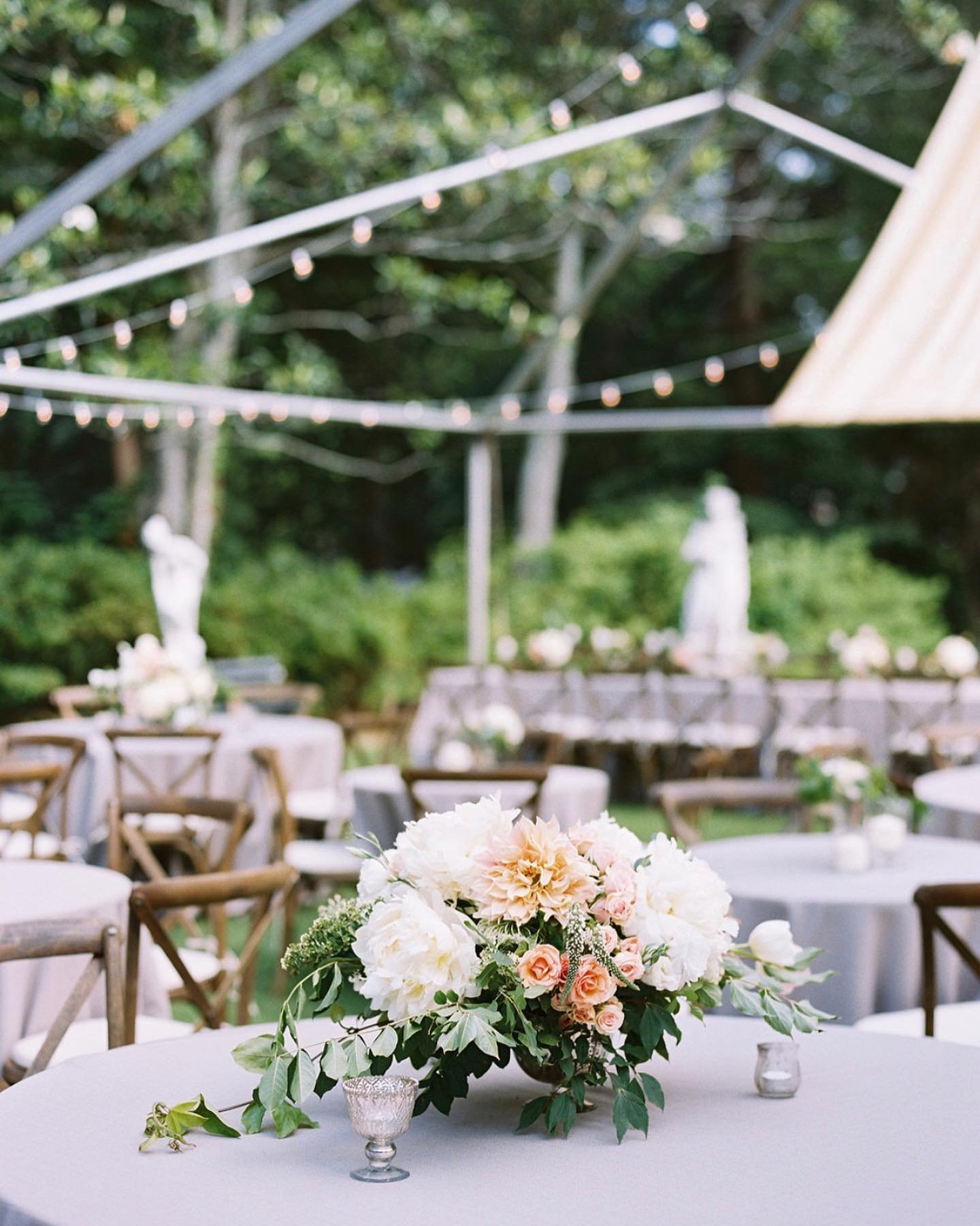 With a historic home as the backdrop, an open air &ldquo;tent&rdquo; with custom draping panels, and string lights provided the perfect structure for guests to dine + dance under. 

@jordanmikalphotography